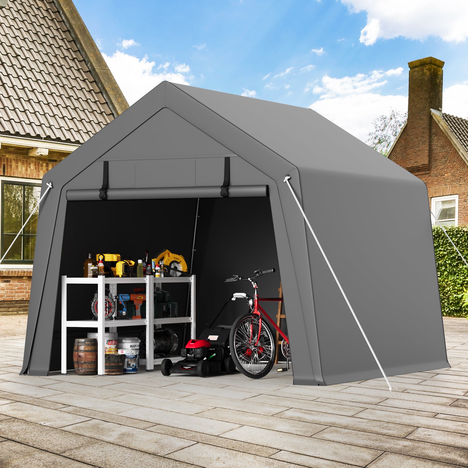 Garvee 10' X 10' Portable Carport with Rolled-Up Zipper Door, Waterproof Garage for Motorcycle, Bike, Firewood Storage, Grey