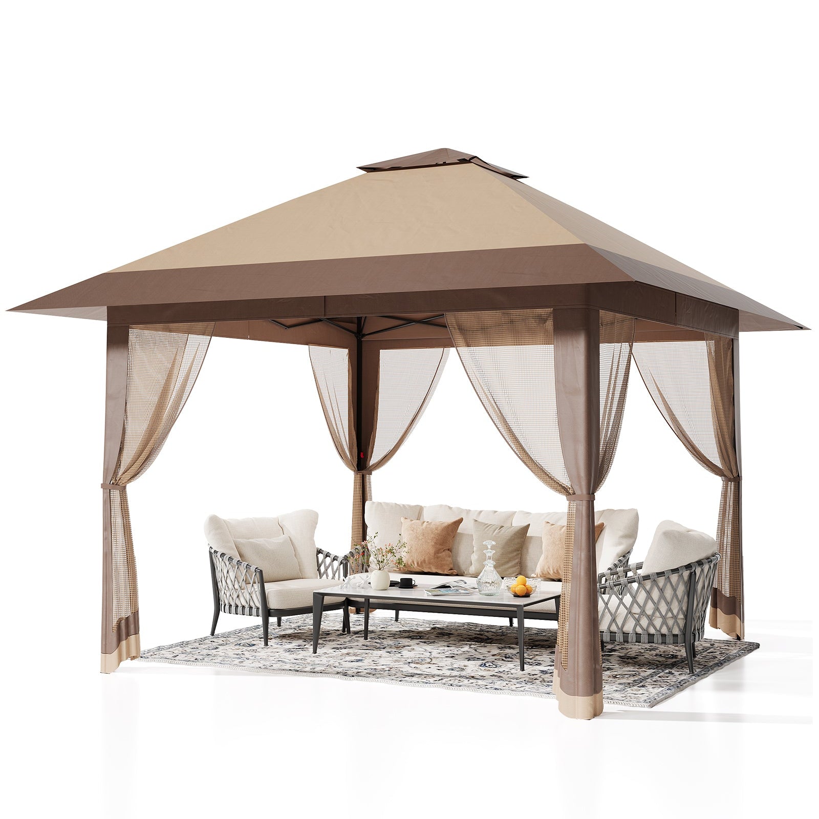 Garvee 13x13ft Pop-Up Canopy Tent with Mosquito Netting, Portable Outdoor Shelter for Lawn Garden Backyard Deck (Khaki & Dark Khaki)