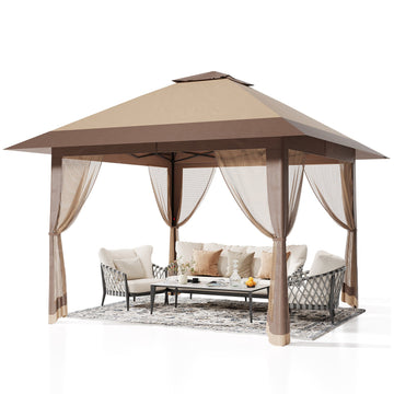 Garvee 13x13ft Pop-Up Canopy Tent with Mosquito Netting, Portable Outdoor Shelter for Lawn Garden Backyard Deck (Khaki & Dark Khaki)