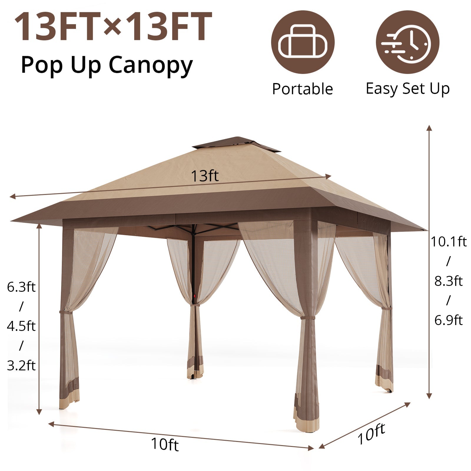 Garvee 13x13ft Pop-Up Canopy Tent with Mosquito Netting, Portable Outdoor Shelter for Lawn Garden Backyard Deck (Khaki & Dark Khaki)