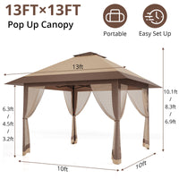 Garvee 13x13ft Pop-Up Canopy Tent with Mosquito Netting, Portable Outdoor Shelter for Lawn Garden Backyard Deck (Khaki & Dark Khaki)