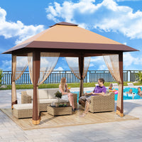 Garvee 13x13ft Pop-Up Canopy Tent with Mosquito Netting, Portable Outdoor Shelter for Lawn Garden Backyard Deck (Khaki & Dark Khaki)