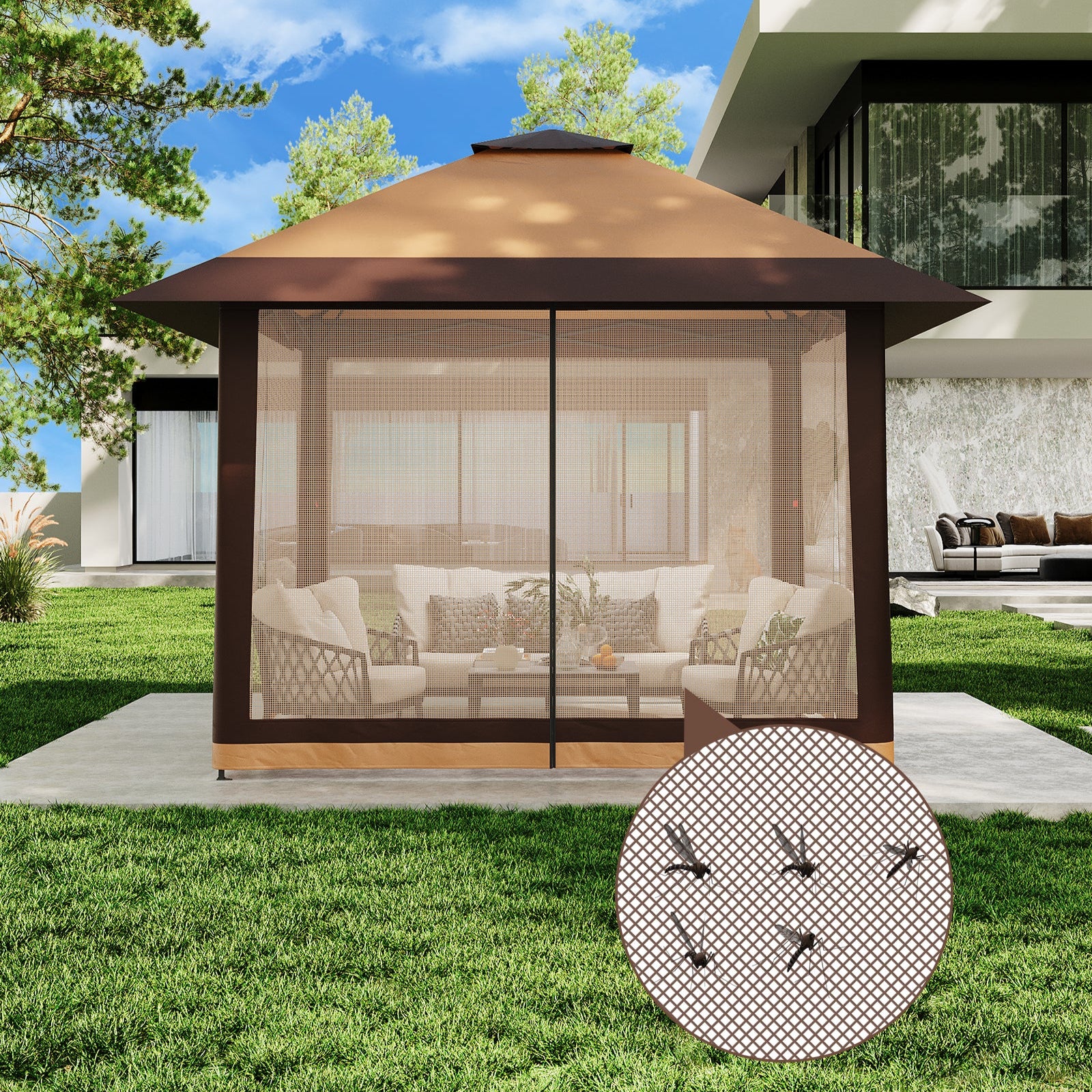 Garvee 13x13ft Pop-Up Canopy Tent with Mosquito Netting, Portable Outdoor Shelter for Lawn Garden Backyard Deck (Khaki & Dark Khaki)