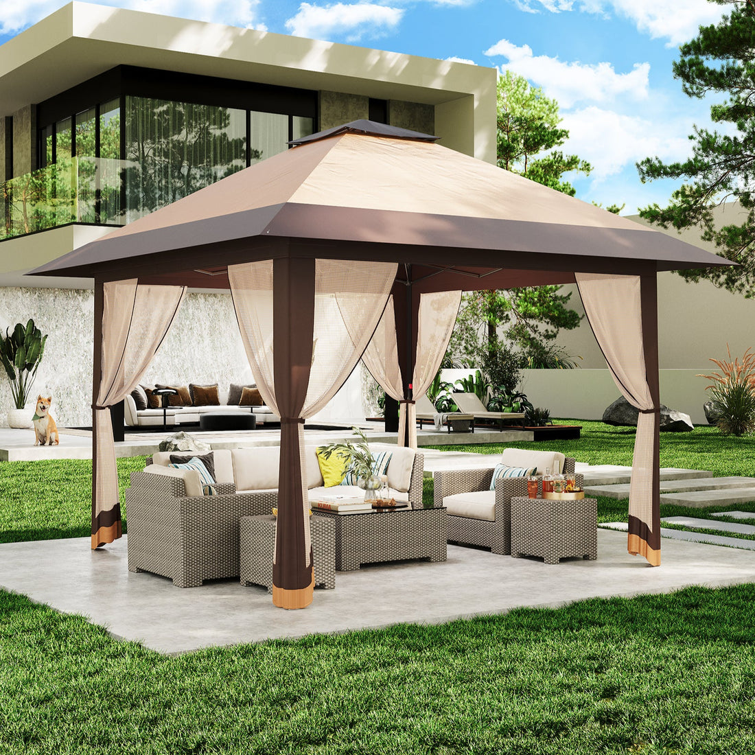 Garvee 13x13ft Pop-Up Canopy Tent with Mosquito Netting, Portable Outdoor Shelter for Lawn Garden Backyard Deck (Khaki & Dark Khaki)