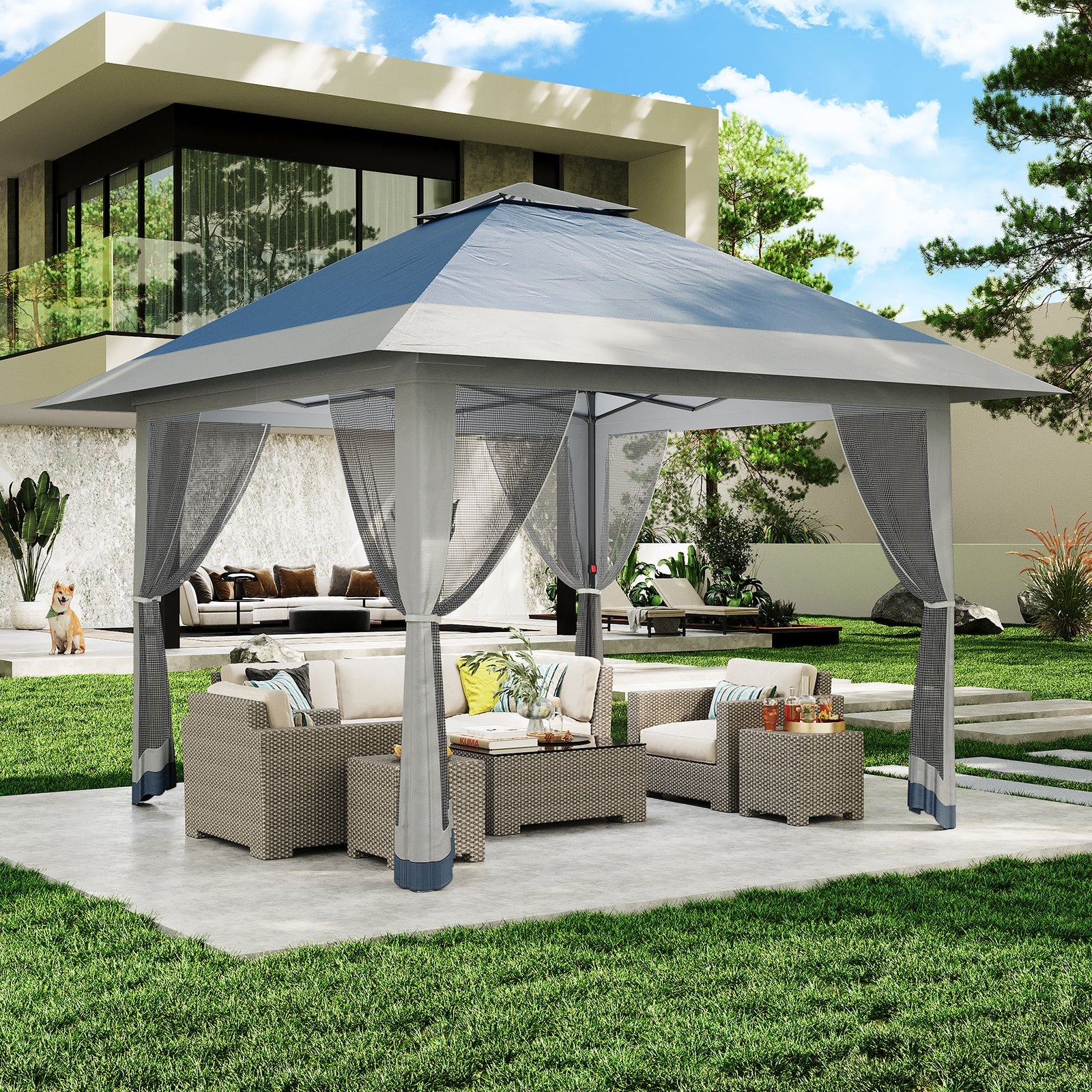 outdoor patio tent Garvee 13' x 13' Outdoor Tent, Double Roof Patio Gazebo Quick Setup Instant Canopy Tent Instant Canopy Gazebo Shelter, Blue & Grey