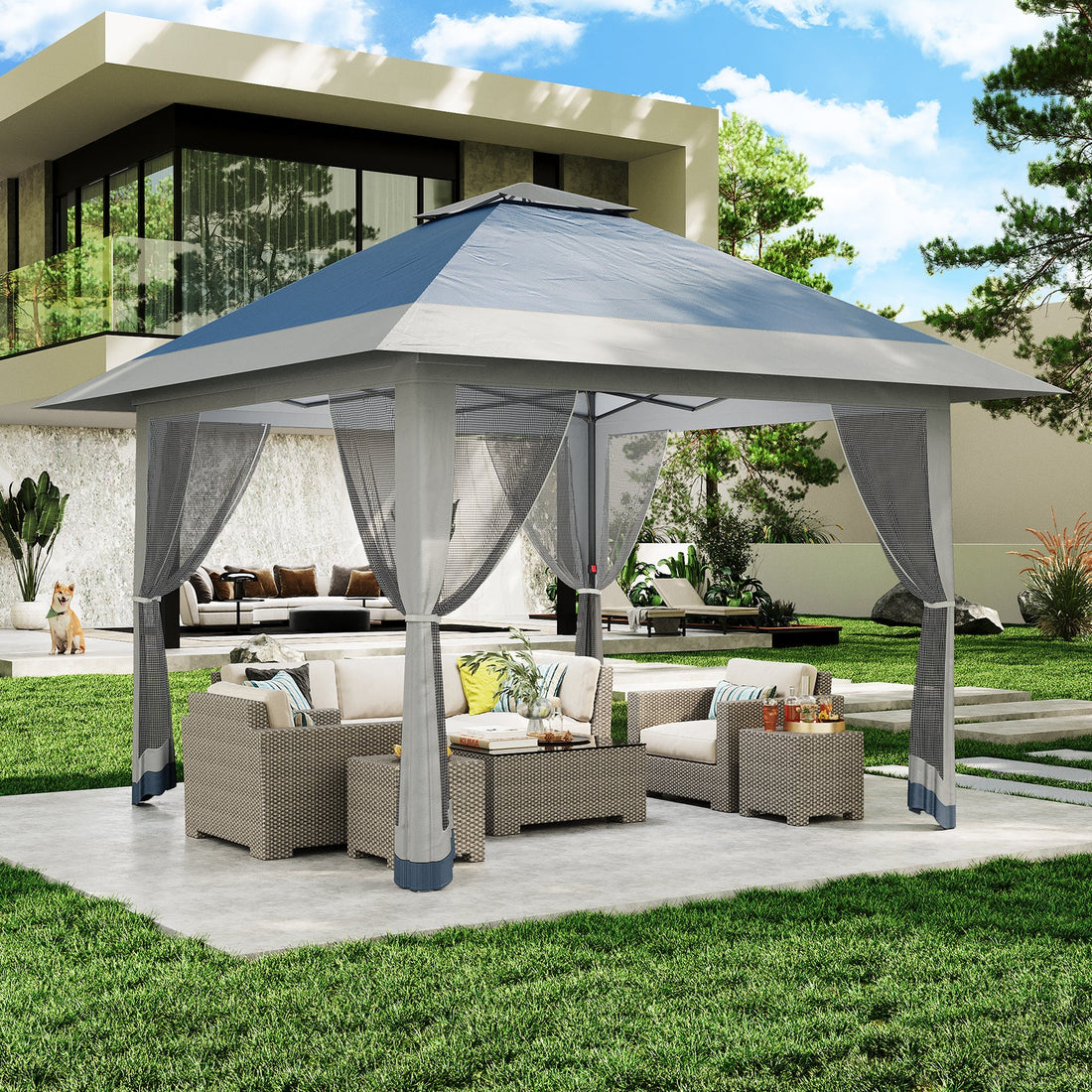 Garvee 13' x 13' Outdoor Tent, Double Roof Patio Gazebo Quick Setup Instant Canopy Tent Instant Canopy Gazebo Shelter, Blue & Grey