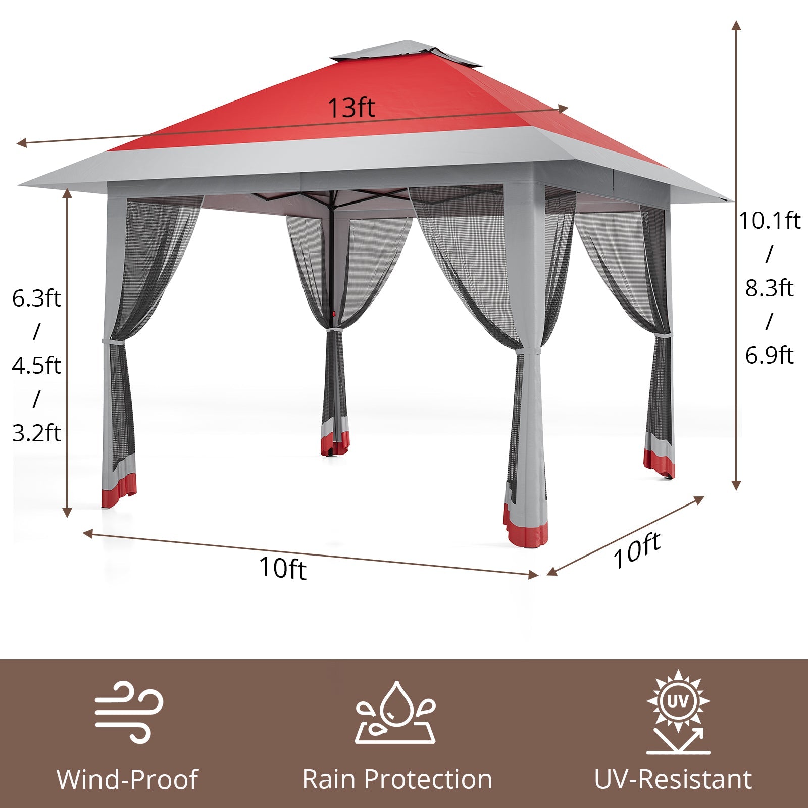 Garvee 13' x 13' Outdoor Tent, Double Roof Patio Gazebo Quick Setup Instant Canopy Tent Instant Canopy Gazebo Shelter, Red