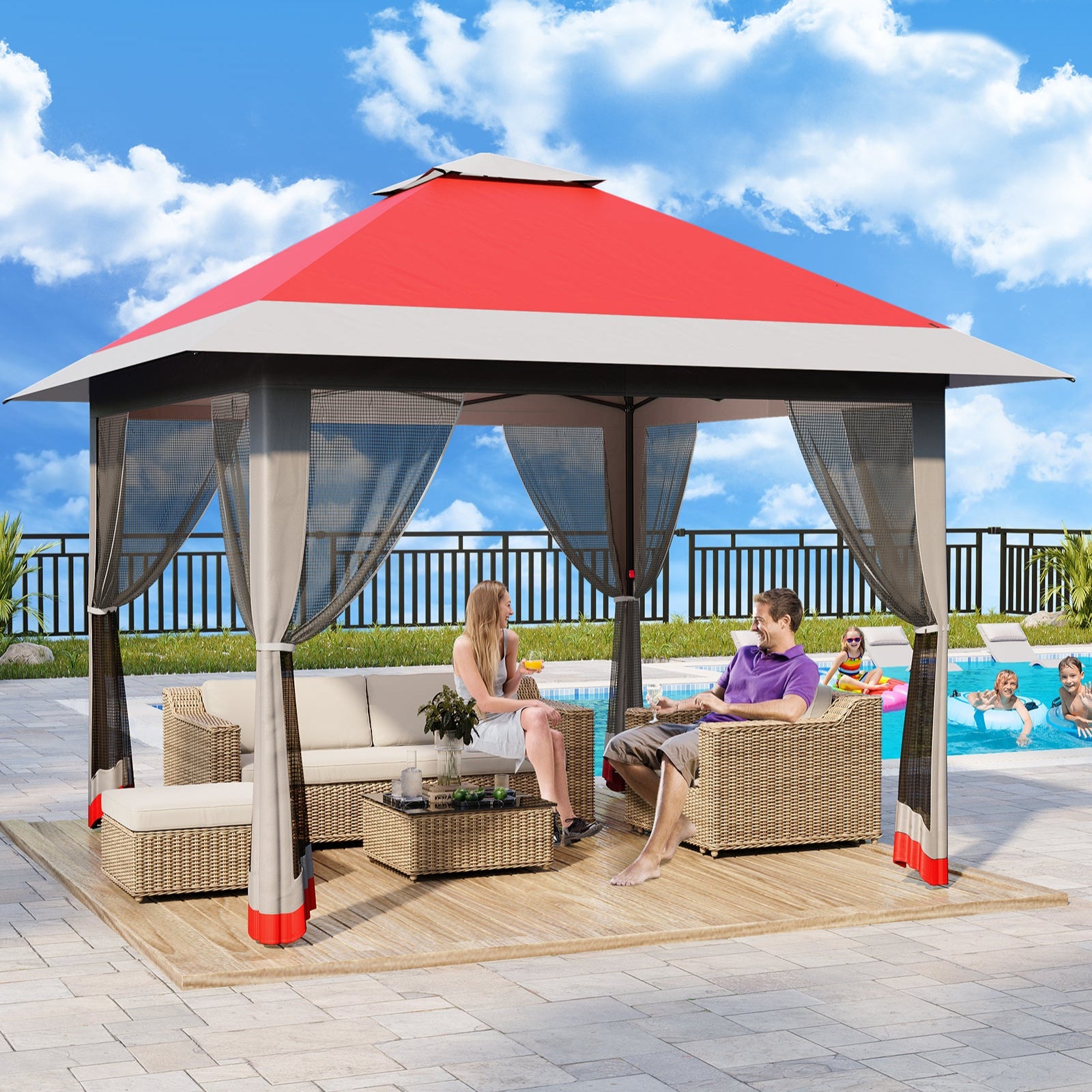 Garvee 13' x 13' Outdoor Tent, Double Roof Patio Gazebo Quick Setup Instant Canopy Tent Instant Canopy Gazebo Shelter, Red