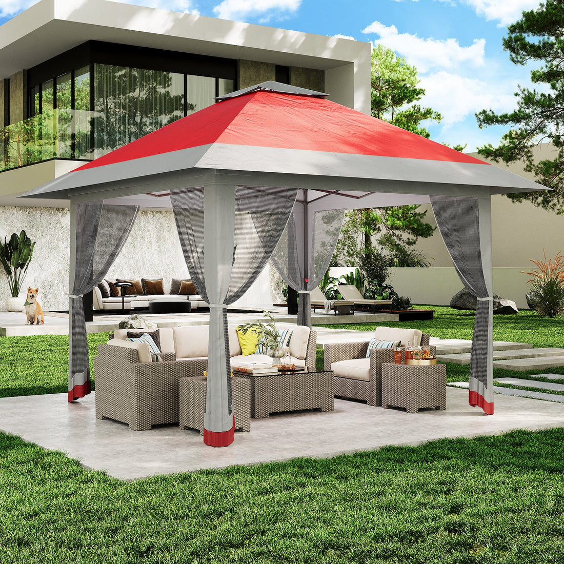 Garvee 13' x 13' Outdoor Tent, Double Roof Patio Gazebo Quick Setup Instant Canopy Tent Instant Canopy Gazebo Shelter, Red