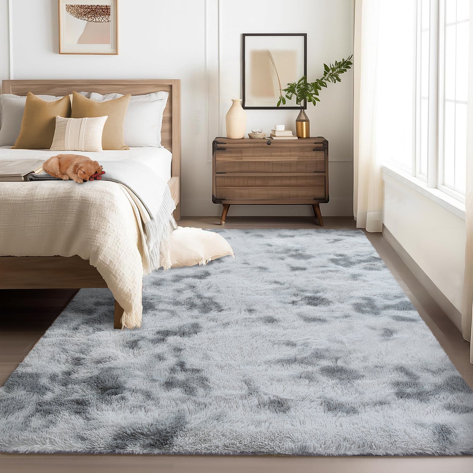 Garvee Fluffy & Sheepskin Light Grey 10x13 Plush Thick Shag Rug, Non-Slip Non-Shedding Tie Dye for Bedroom Kids Dorm