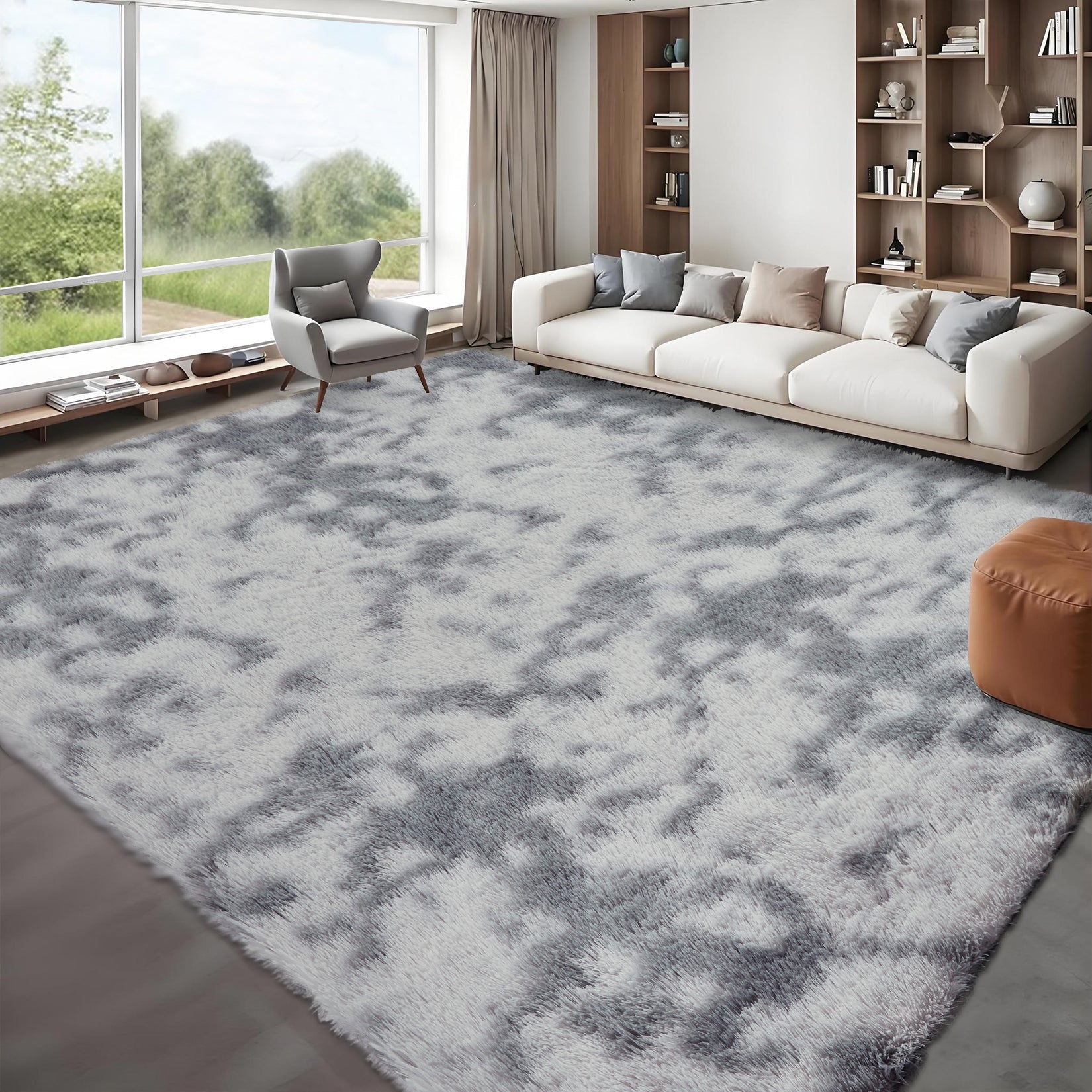 Garvee 5' x 8' Ultra Soft Shag Area Rug, Fuzzy Non-Slip Washable Carpet for Living Room, Bedroom & Nursery, Tie-Dye Light Gray