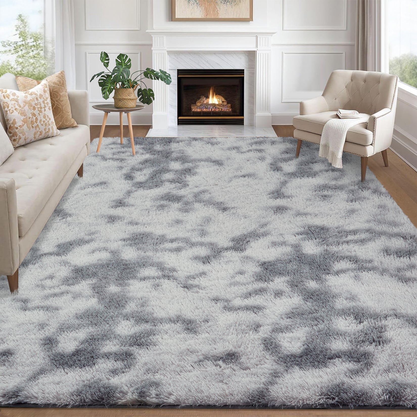 Garvee Fluffy & Sheepskin Light Grey 10x13 Plush Thick Shag Rug, Non-Slip Non-Shedding Tie Dye for Bedroom Kids Dorm