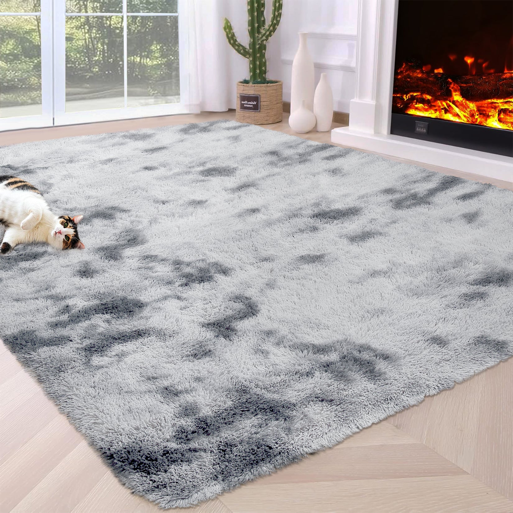 Garvee Fluffy & Sheepskin Light Grey 10x13 Plush Thick Shag Rug, Non-Slip Non-Shedding Tie Dye for Bedroom Kids Dorm