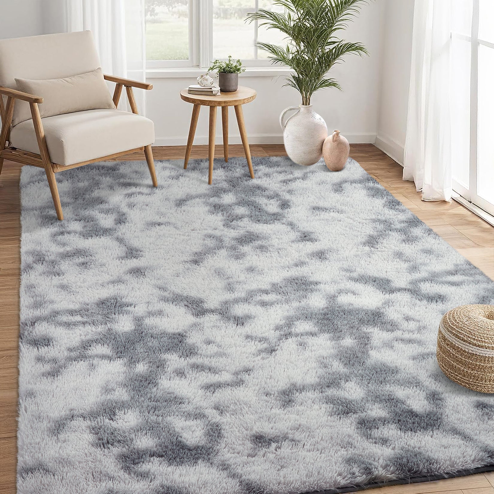 Garvee Fluffy & Sheepskin Light Grey 8x10 Faux Fur Shag Rug, Non-Slip Tie Dye Plush Fuzzy for Bedroom Kids Nursery Dorm