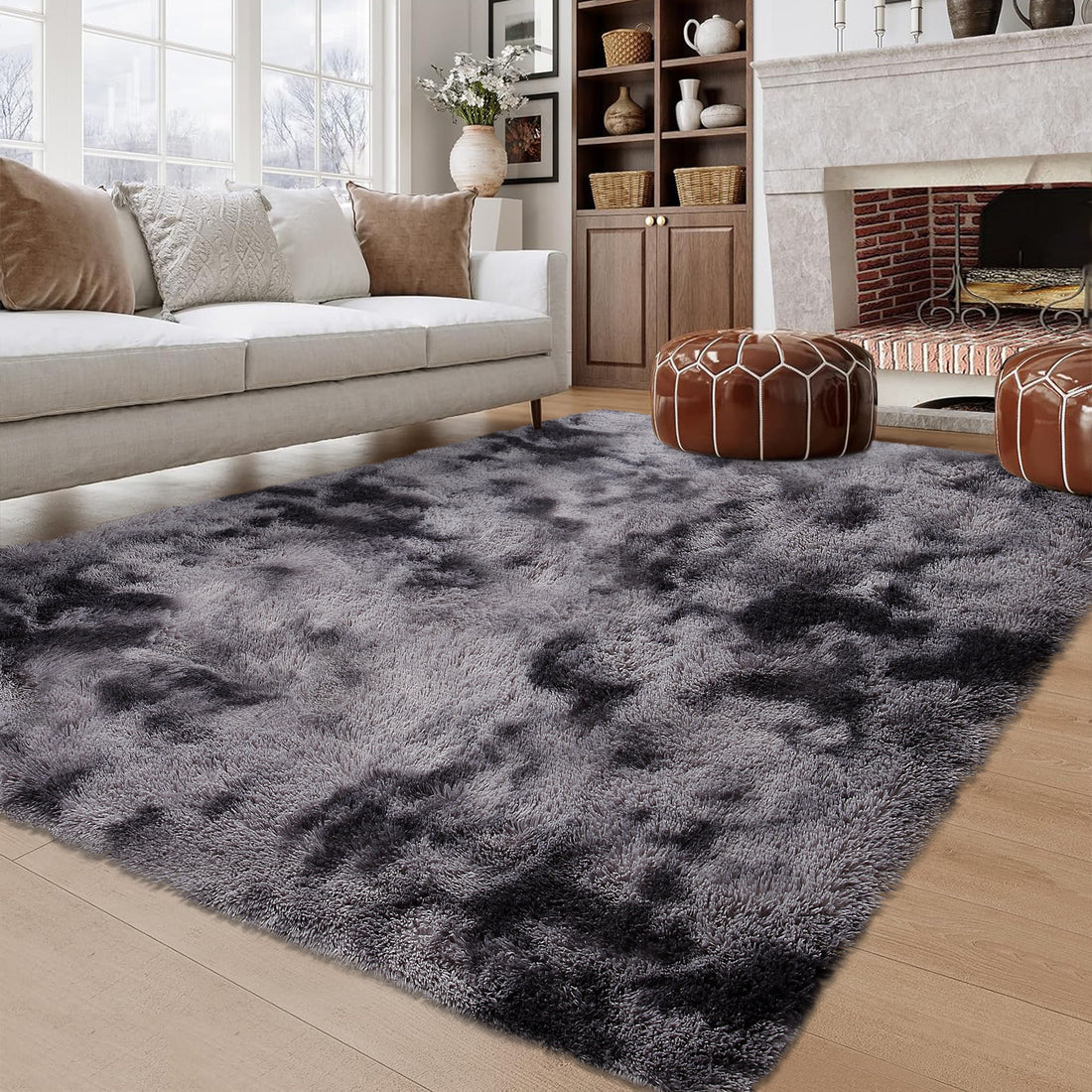 Garvee Fluffy & Sheepskin Deep Grey Tie-Dye 9x12 Area Rugs or Bedroom Furry Rug for Living Room, Fuzzy Shag Fur Rug for Nursery Room Tie-Dyed Non-Skid Plush Throw Rug Shaggy Accent Rug for Indoor Home Floor Carpet