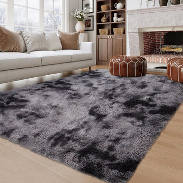 Garvee Fluffy & Sheepskin Deep Grey Tie-Dye 9x12 Area Rugs or Bedroom Furry Rug for Living Room, Fuzzy Shag Fur Rug for Nursery Room Tie-Dyed Non-Skid Plush Throw Rug Shaggy Accent Rug for Indoor Home Floor Carpet