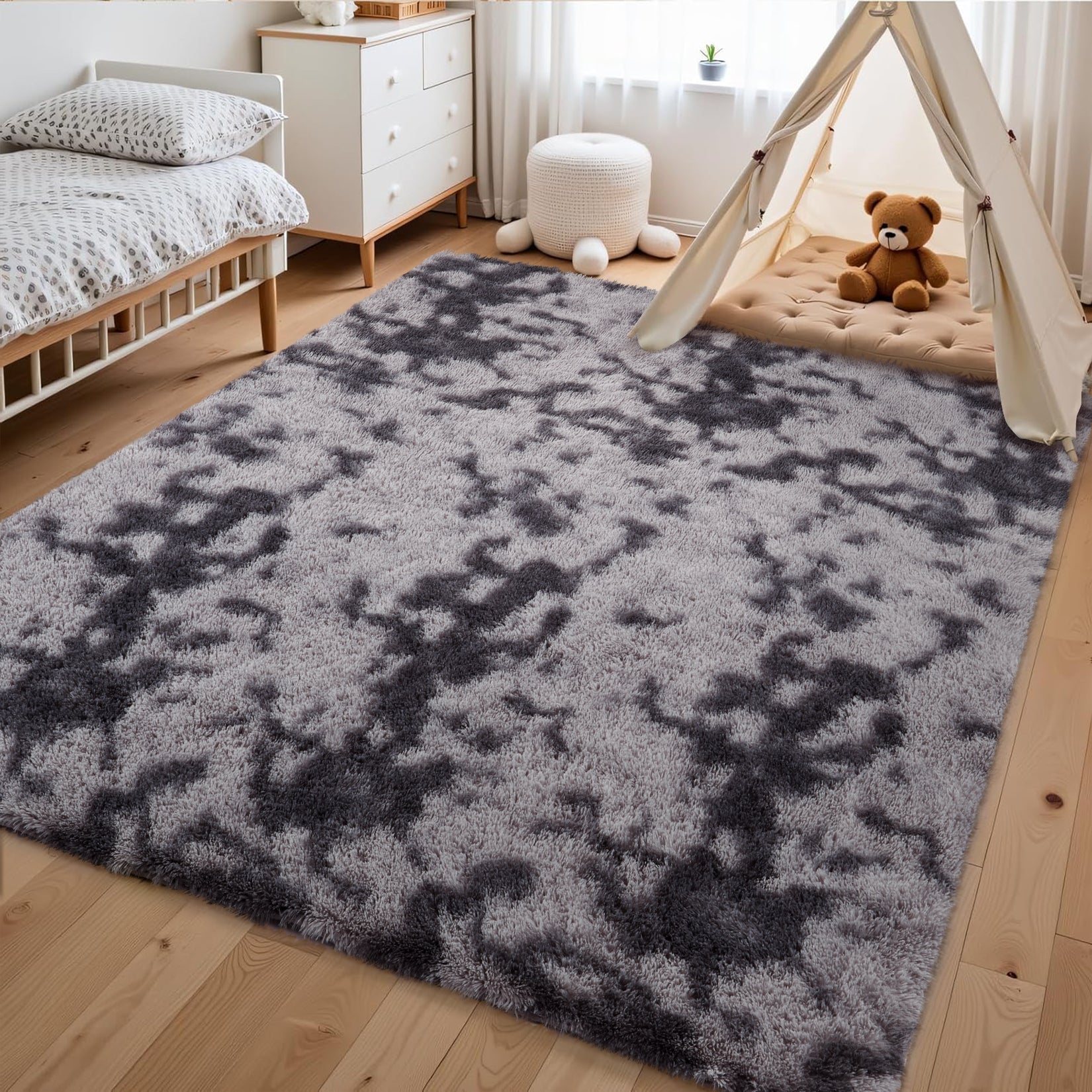 Garvee Fluffy & Sheepskin Deep Grey Tie-Dye 63"×79" Area Rugs Shaggy Rug for Bedroom Fuzzy Rug Living Room Rugs Non-Slip Rug for Living Room Bedroom Dining Room Office Plush Rug