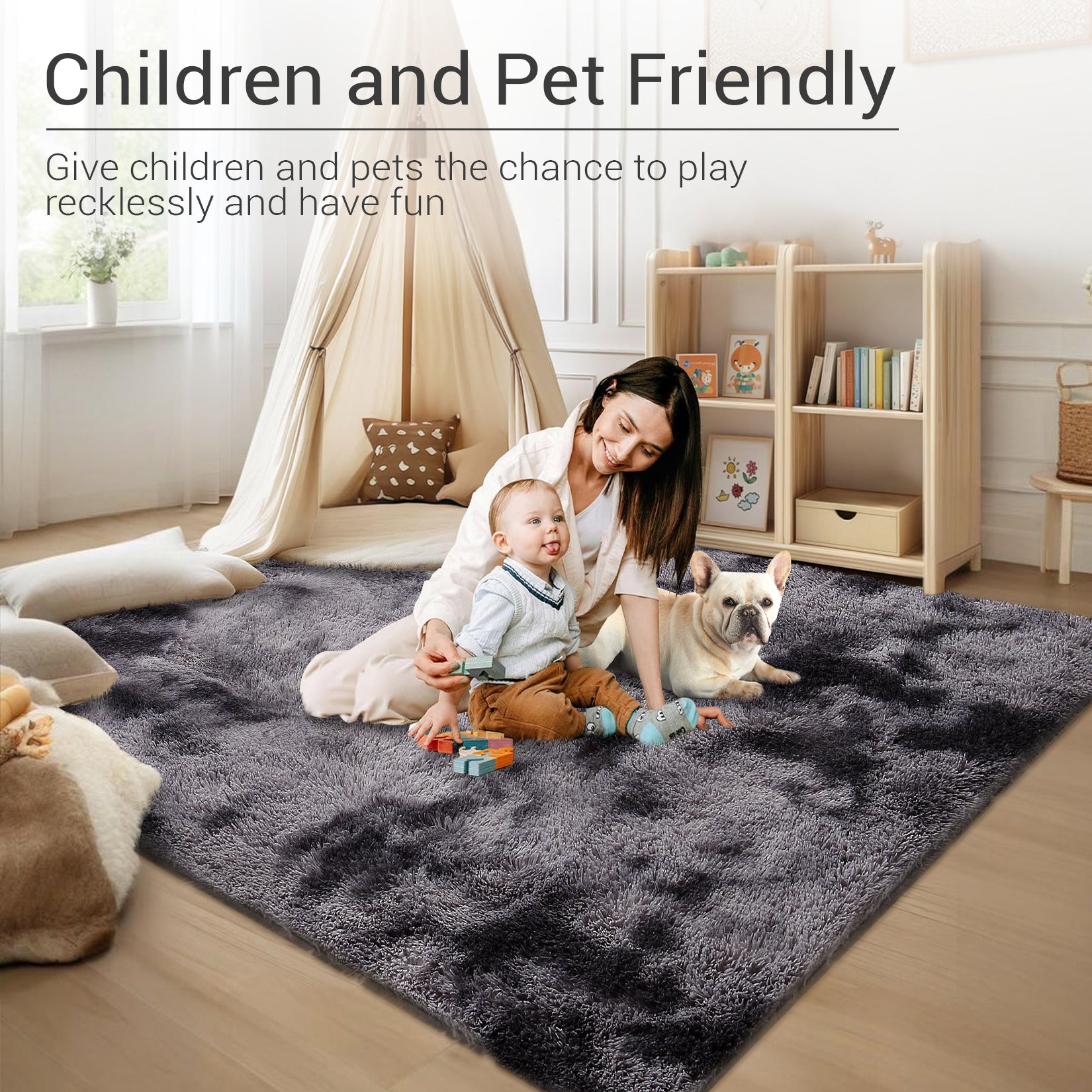 Garvee Fluffy & Sheepskin Deep Grey Tie-Dye 63"×79" Area Rugs Shaggy Rug for Bedroom Fuzzy Rug Living Room Rugs Non-Slip Rug for Living Room Bedroom Dining Room Office Plush Rug