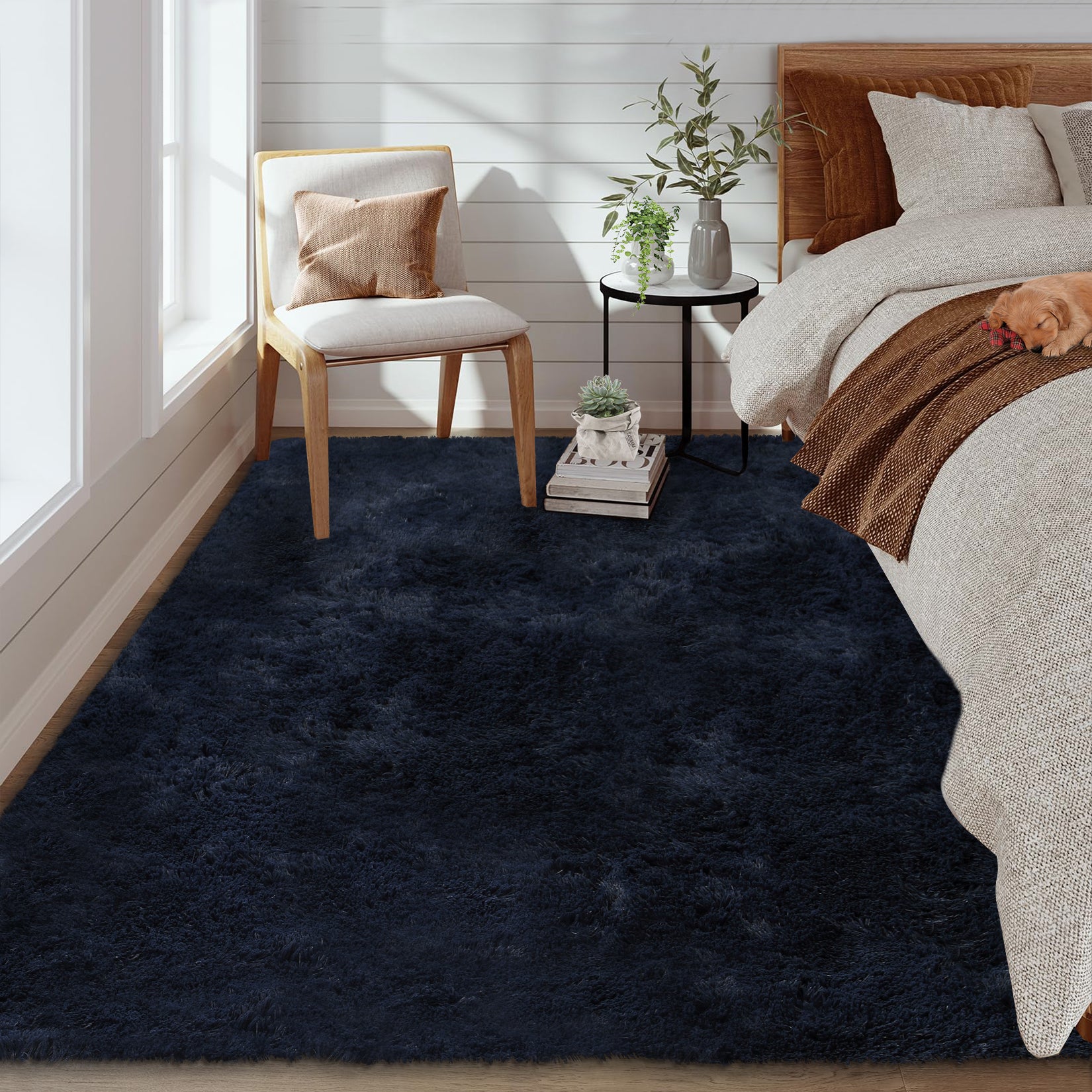 Garvee Fluffy & Sheepskin Pure Navy Blue 3x5 Faux Fur Rug, Non-Shedding Anti-Slip Plush for Kids Playroom Classroom Dining Room