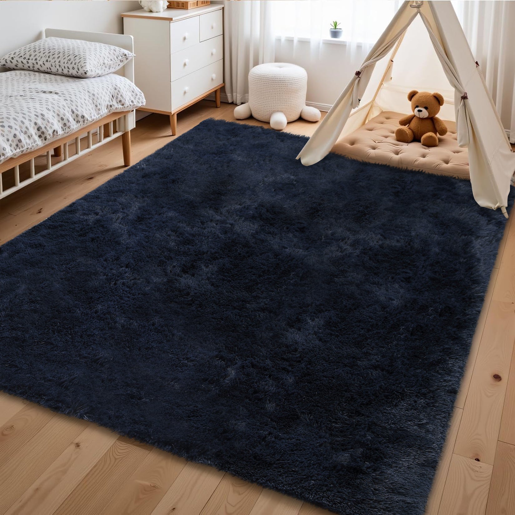 Garvee Fluffy & Sheepskin Pure Navy Blue 3x5 Faux Fur Rug, Non-Shedding Anti-Slip Plush for Kids Playroom Classroom Dining Room