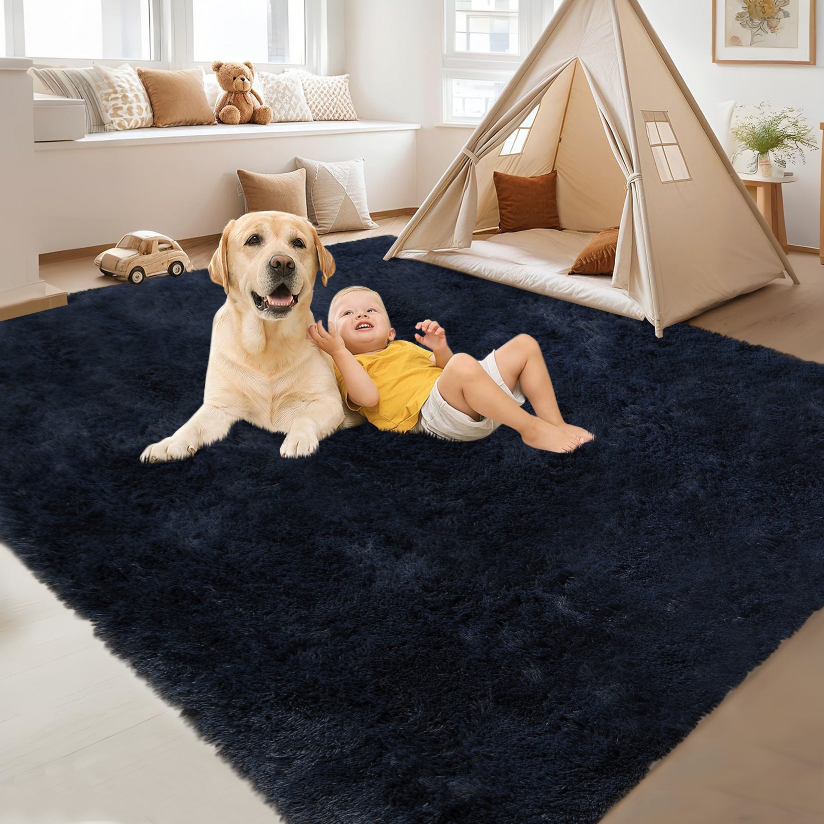 Garvee Fluffy & Sheepskin Pure Navy Blue 3x5 Faux Fur Rug, Non-Shedding Anti-Slip Plush for Kids Playroom Classroom Dining Room