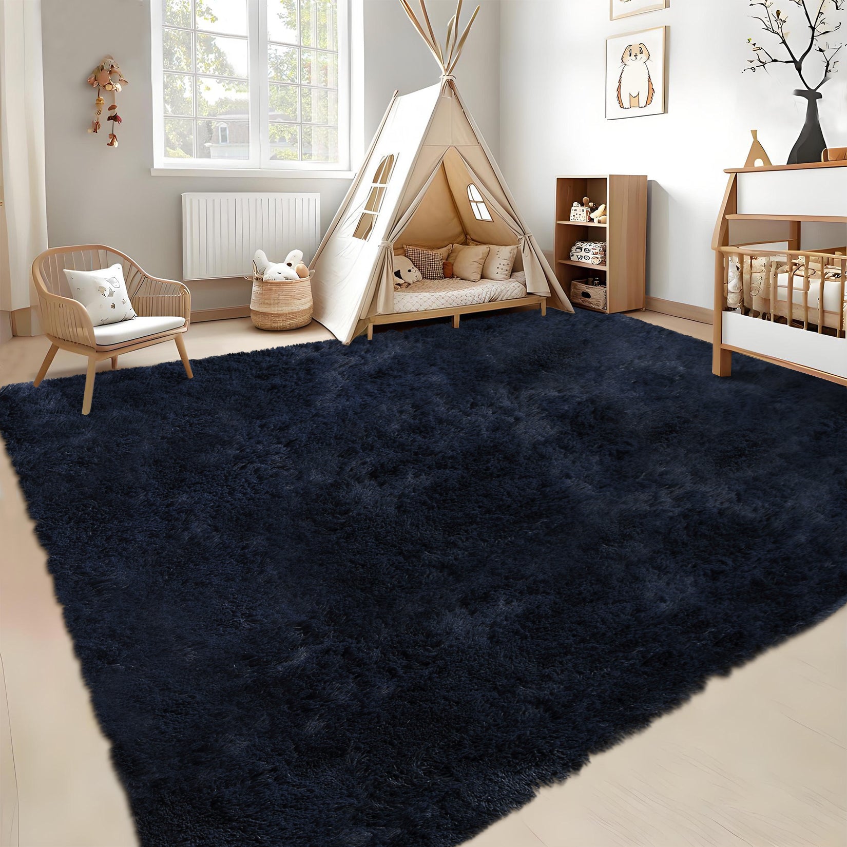 Garvee Fluffy & Sheepskin Pure Navy Blue 3x5 Faux Fur Rug, Non-Shedding Anti-Slip Plush for Kids Playroom Classroom Dining Room