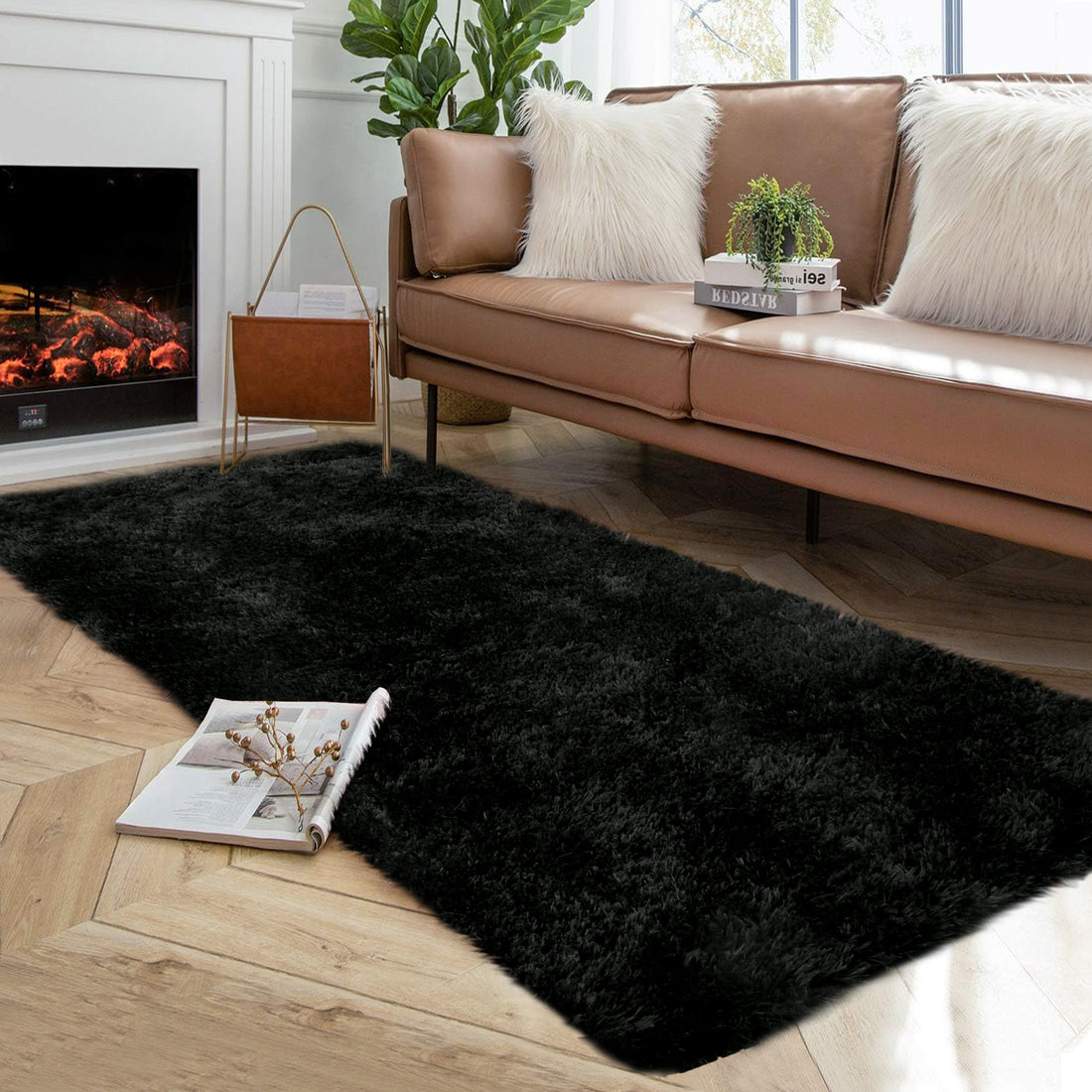 Garvee Fluffy & Sheepskin Pure Black 2x8 Fuzzy Plush Rug, Soft Carpet for Living Room Bedroom Dining Decor