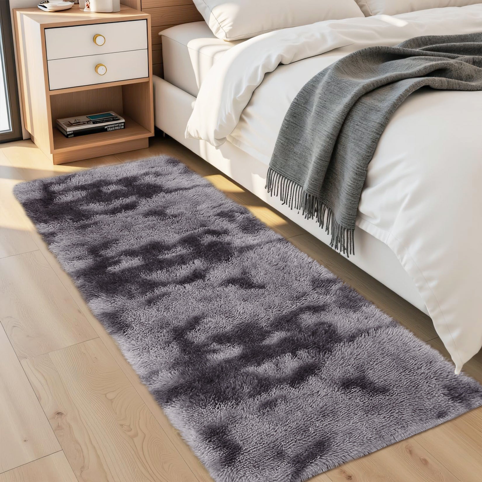 Garvee Fluffy & Sheepskin Deep Grey Tie-Dye 2x6 Shag Rug, Plush Small Furry Non-Slip Modern Accent for Bedroom Living Room Indoor