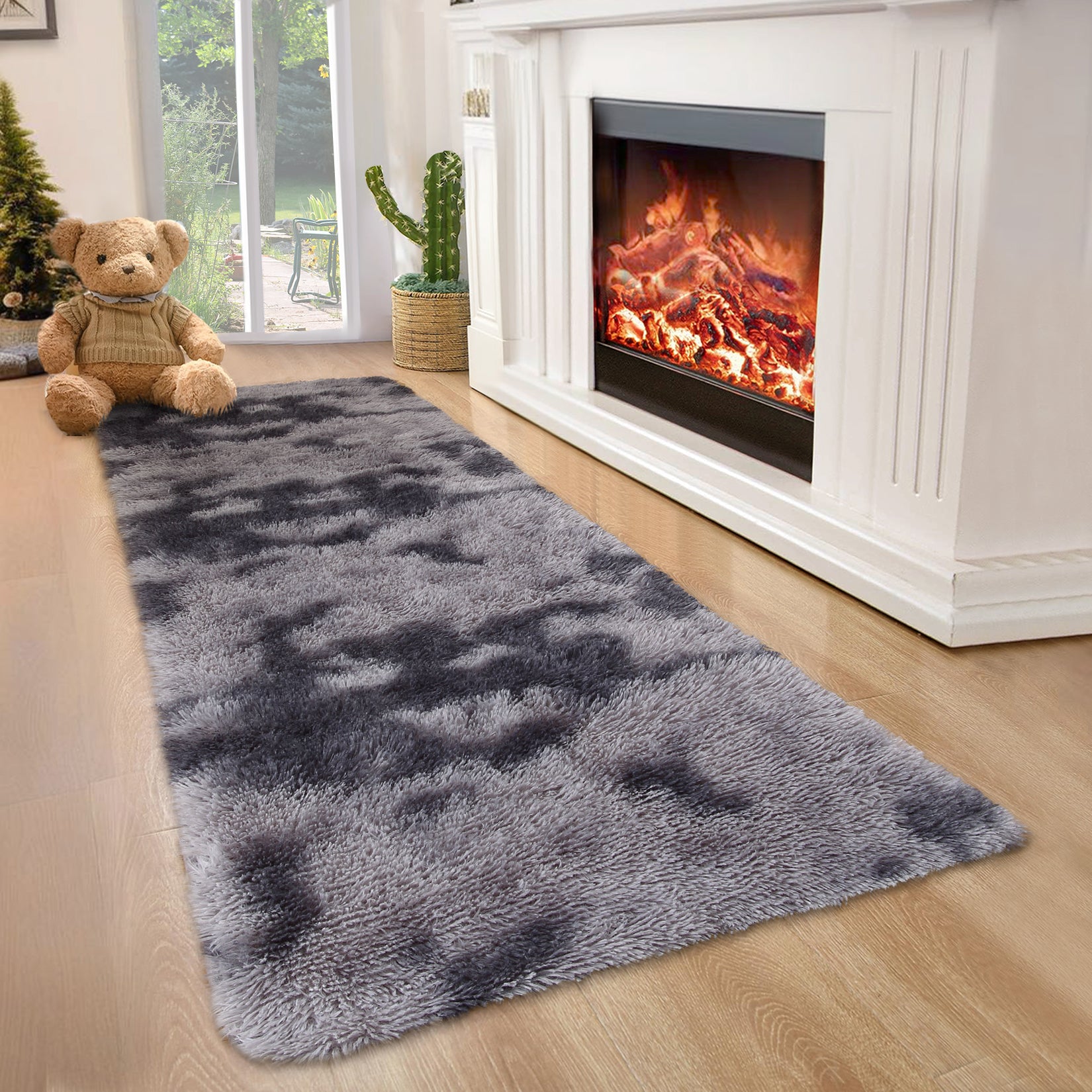 Garvee Fluffy & Sheepskin Deep Grey Tie-Dye 2x6 Shag Rug, Plush Small Furry Non-Slip Modern Accent for Bedroom Living Room Indoor