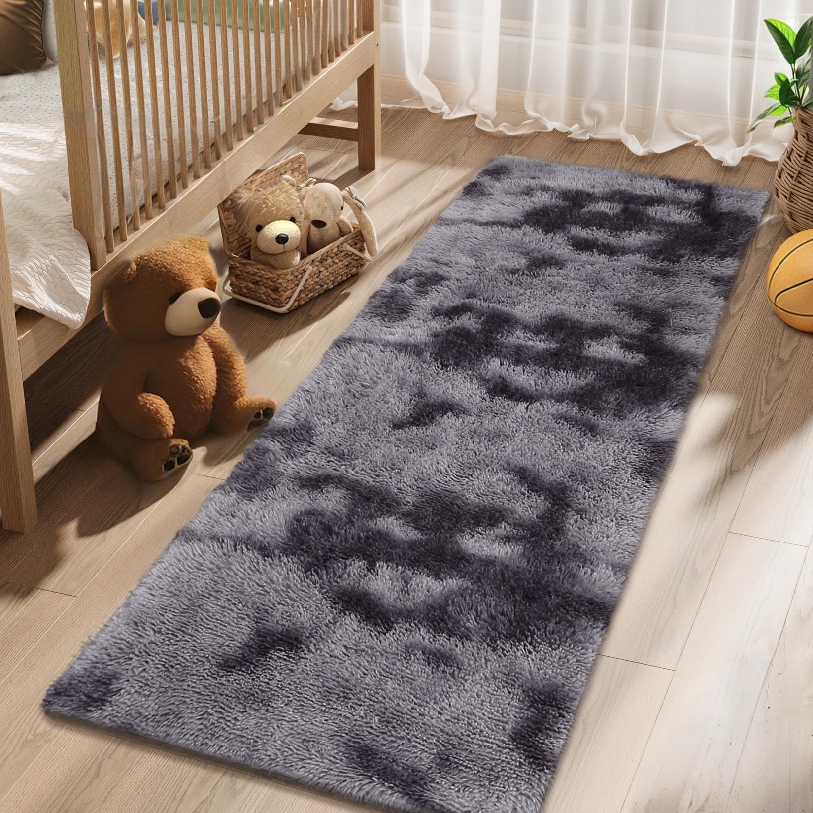 Garvee Fluffy & Sheepskin Deep Grey Tie-Dye 2x6 Shag Rug, Plush Small Furry Non-Slip Modern Accent for Bedroom Living Room Indoor