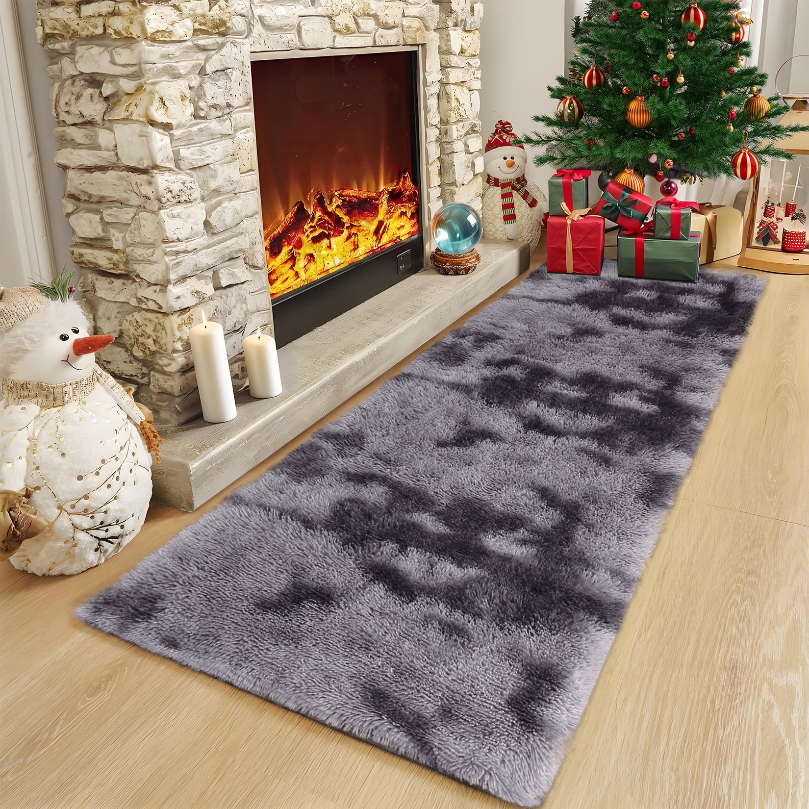 Garvee Fluffy & Sheepskin Deep Grey Tie-Dye 2x6 Shag Rug, Plush Small Furry Non-Slip Modern Accent for Bedroom Living Room Indoor