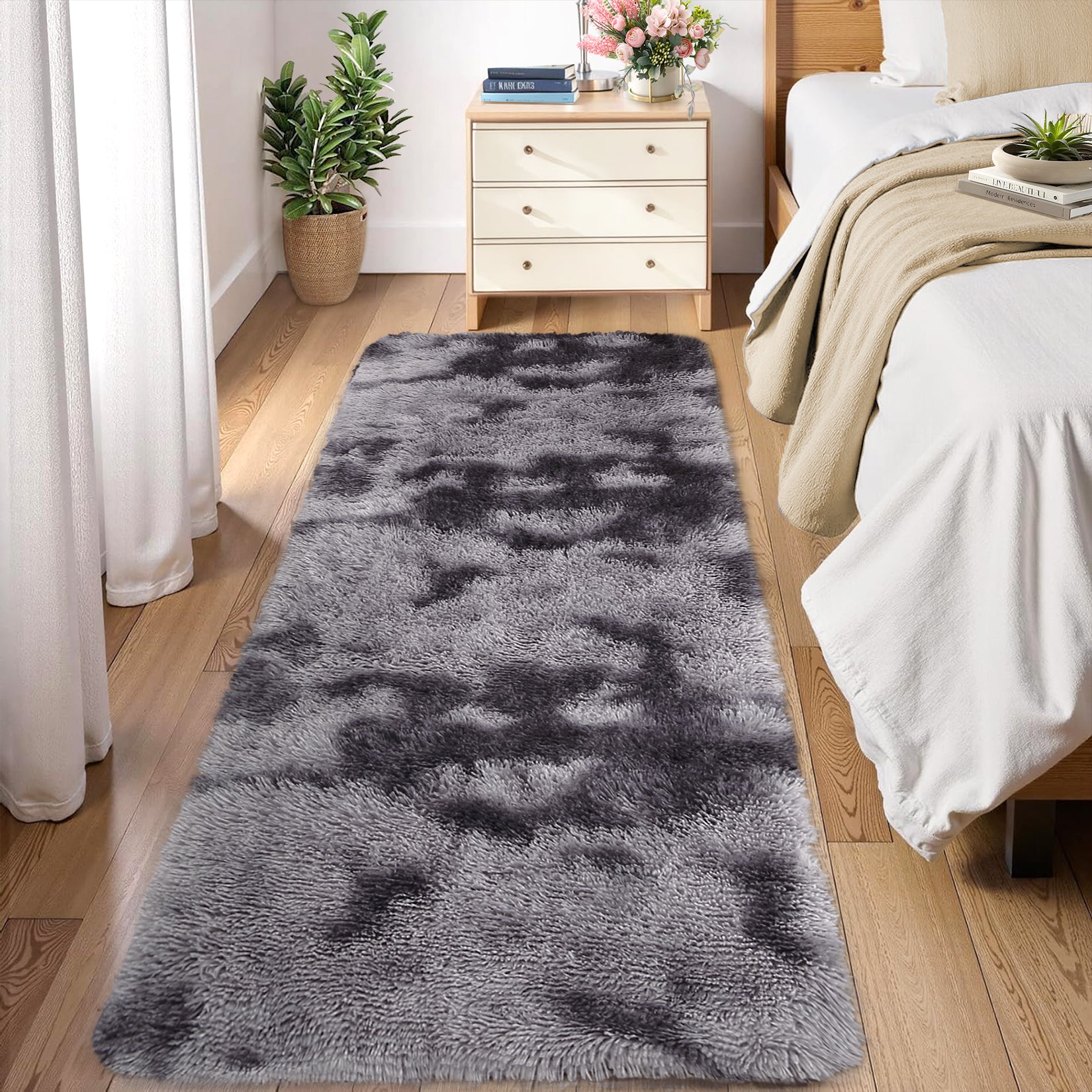 Garvee Fluffy & Sheepskin Deep Grey Tie-Dye 2x6 Shag Rug, Plush Small Furry Non-Slip Modern Accent for Bedroom Living Room Indoor