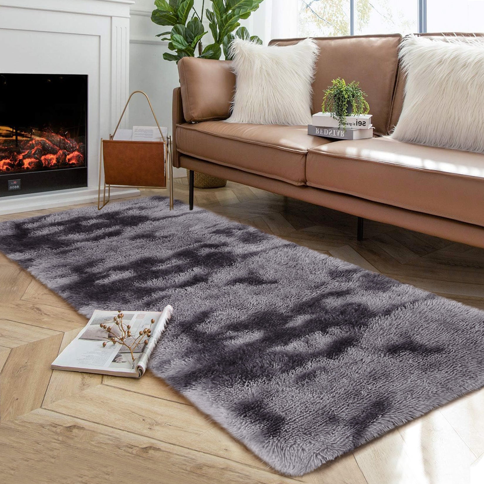 Garvee Fluffy & Sheepskin Deep Grey Tie-Dye 2x6 Shag Rug, Plush Small Furry Non-Slip Modern Accent for Bedroom Living Room Indoor