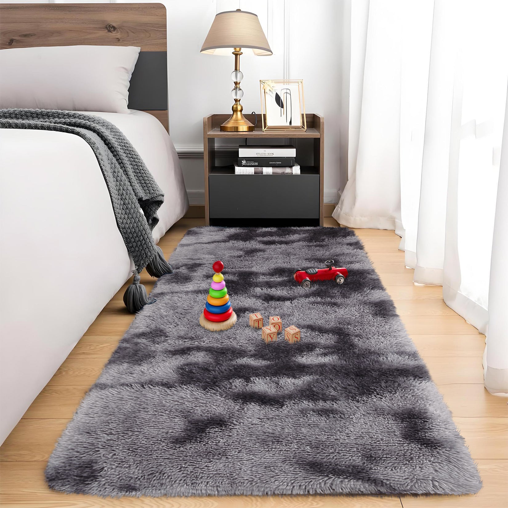 Garvee Fluffy & Sheepskin Deep Grey Tie-Dye 2x6 Shag Rug, Plush Small Furry Non-Slip Modern Accent for Bedroom Living Room Indoor