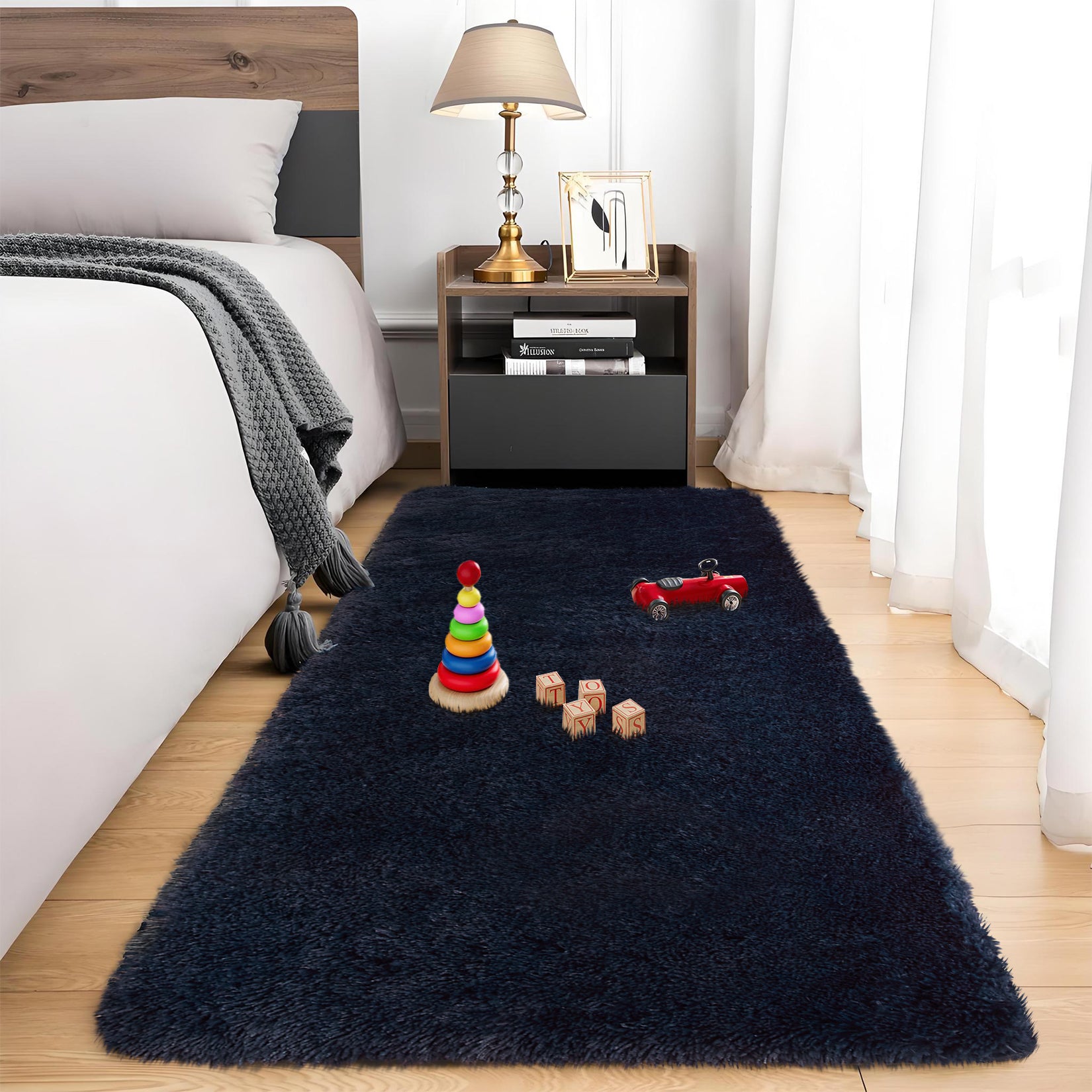 Garvee Fluffy & Sheepskin Pure Navy Blue 2x6 Faux Fur Rug, Non-Shedding Anti-Slip Plush for Kids Playroom Classroom Dining