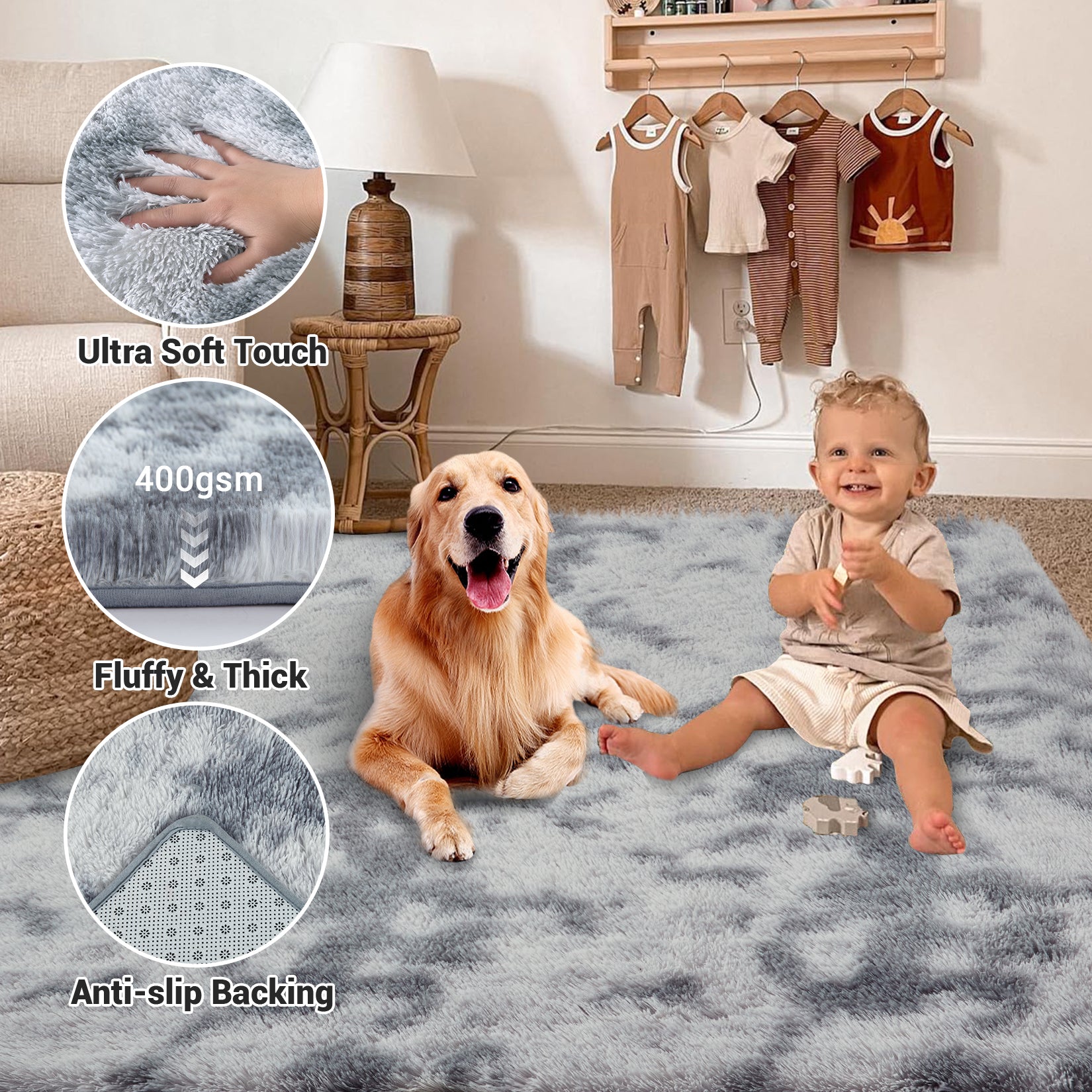 Garvee Fluffy & Sheepskin Light Grey 9x12 Thick Fuzzy Area Rug, Non-Slip Non-Shedding for Playroom Bedroom Nursery Kids Room