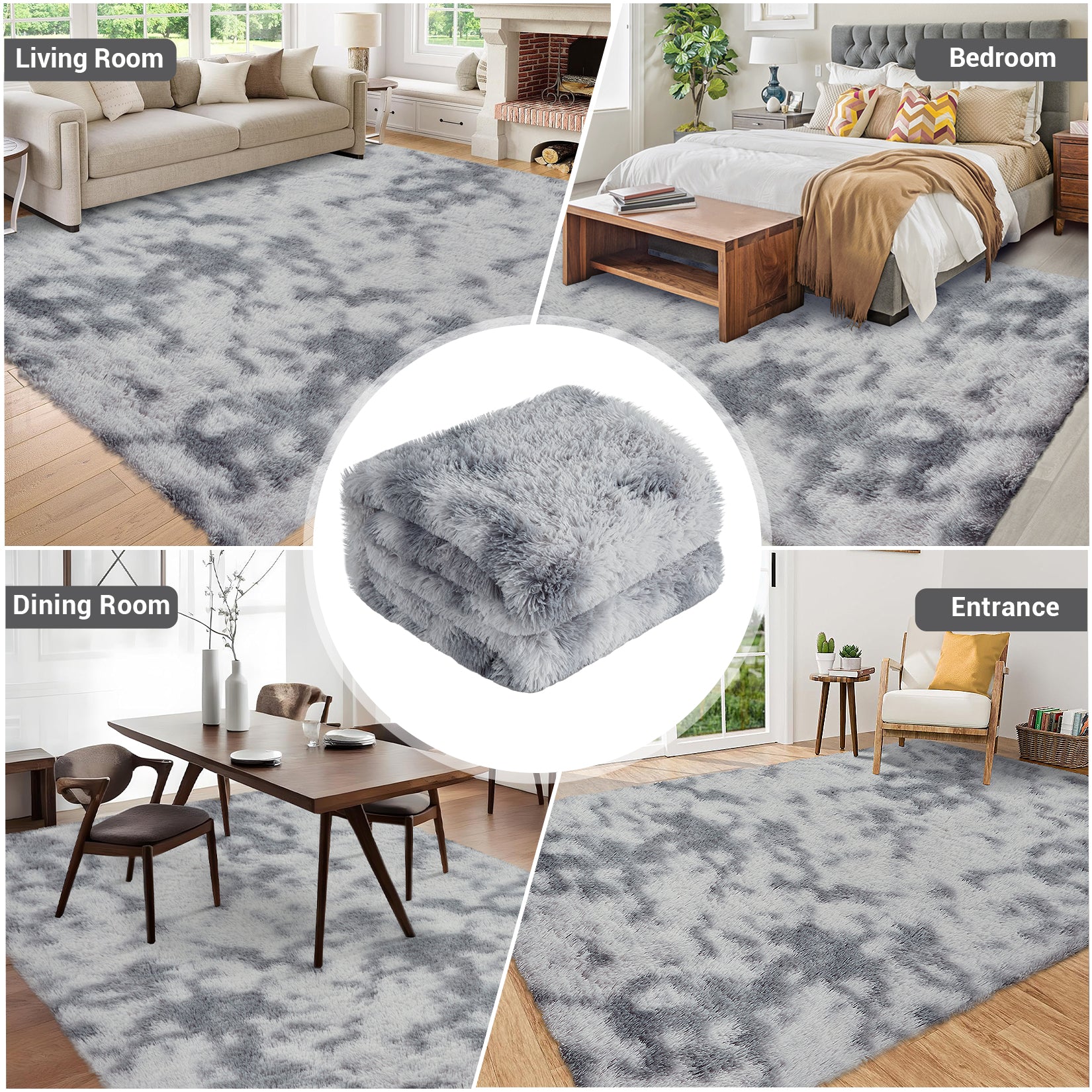 Garvee 5' x 8' Ultra Soft Shag Area Rug, Fuzzy Non-Slip Washable Carpet for Living Room, Bedroom & Nursery, Tie-Dye Light Gray