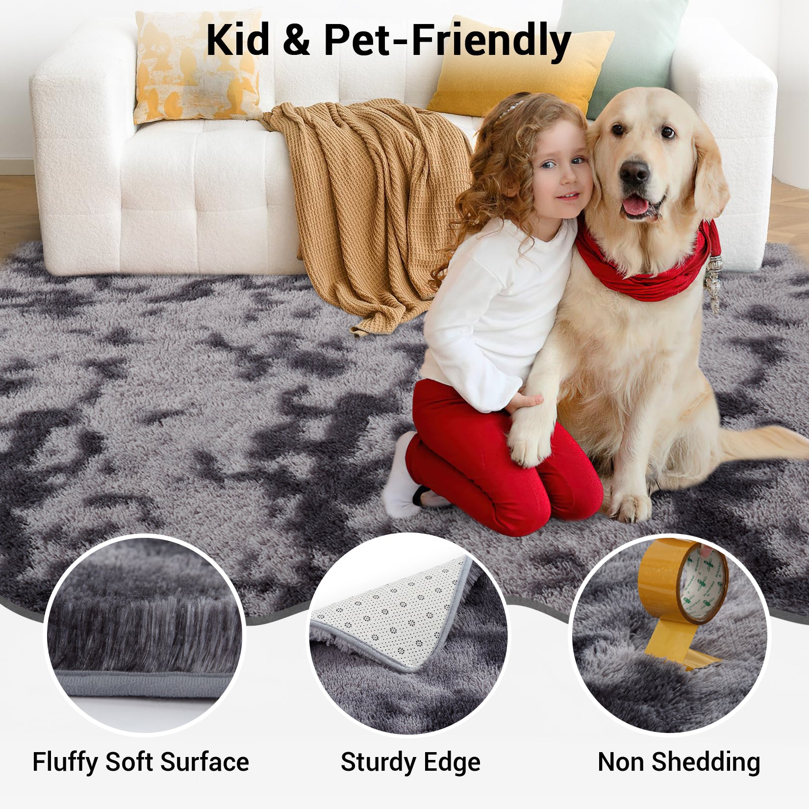 Garvee Fluffy & Sheepskin Deep Grey Tie-Dye 63"×79" Area Rugs Shaggy Rug for Bedroom Fuzzy Rug Living Room Rugs Non-Slip Rug for Living Room Bedroom Dining Room Office Plush Rug