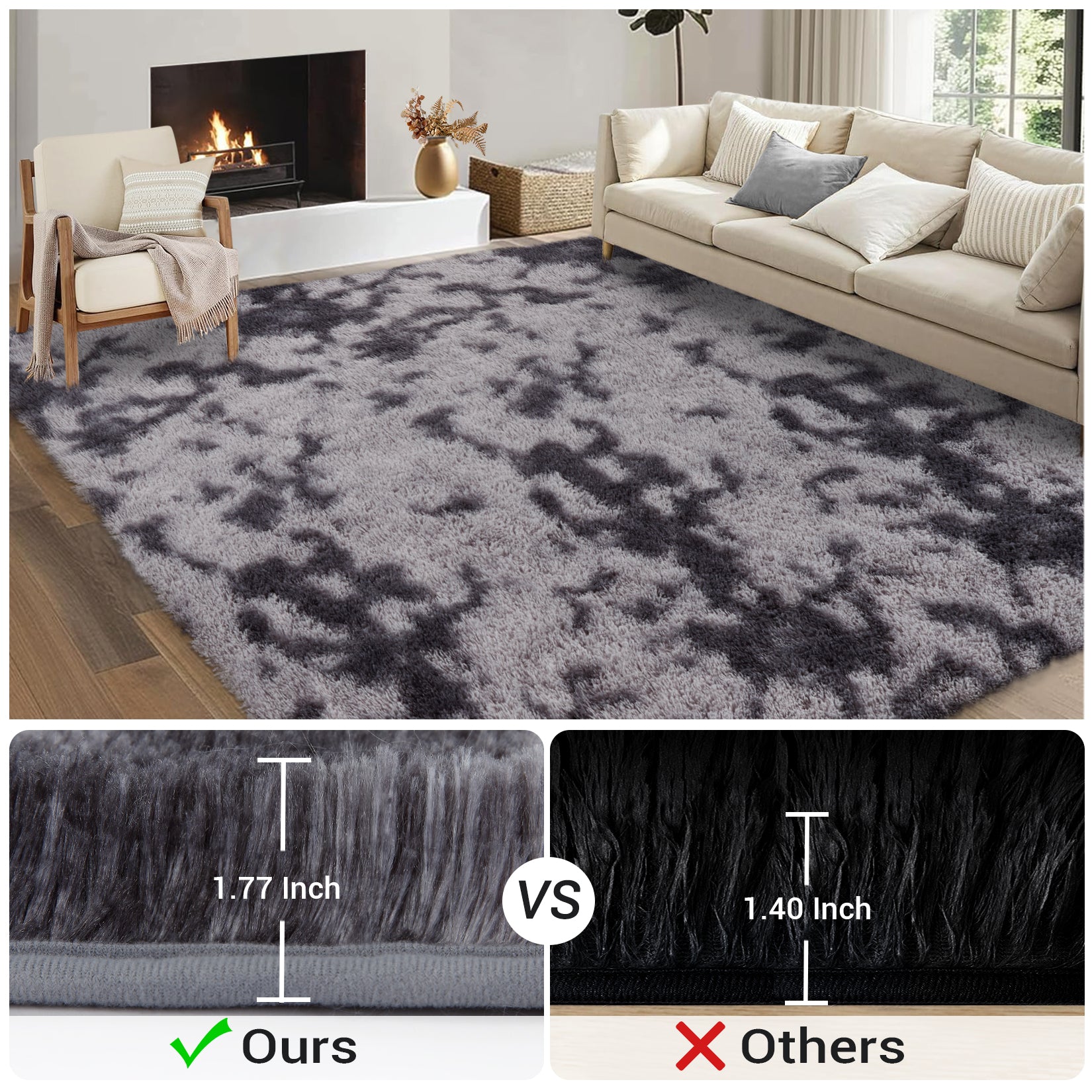Garvee Fluffy & Sheepskin Deep Grey Tie-Dye 2x6 Shag Rug, Plush Small Furry Non-Slip Modern Accent for Bedroom Living Room Indoor