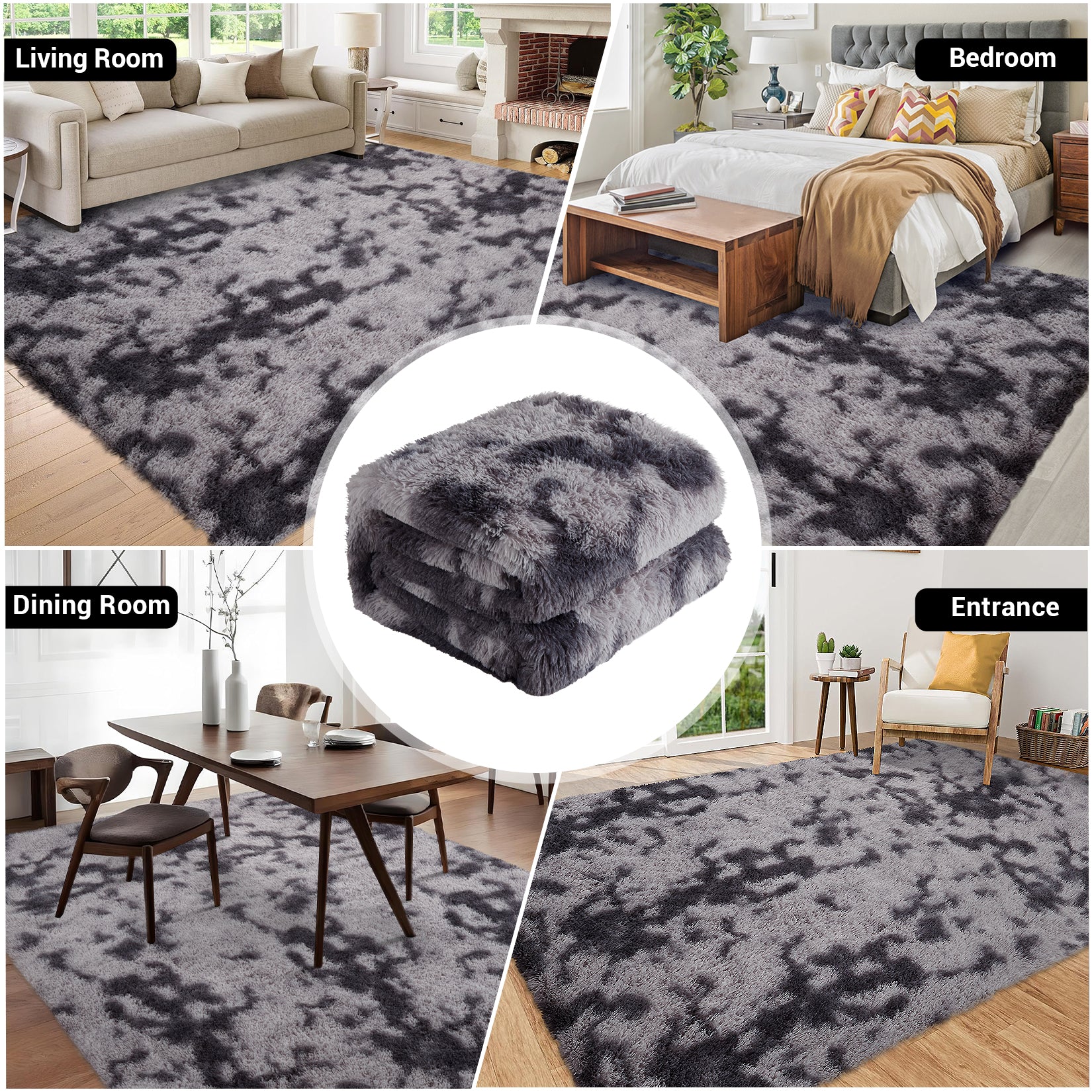 Garvee Fluffy & Sheepskin Deep Grey Tie-Dye 63"×79" Area Rugs Shaggy Rug for Bedroom Fuzzy Rug Living Room Rugs Non-Slip Rug for Living Room Bedroom Dining Room Office Plush Rug
