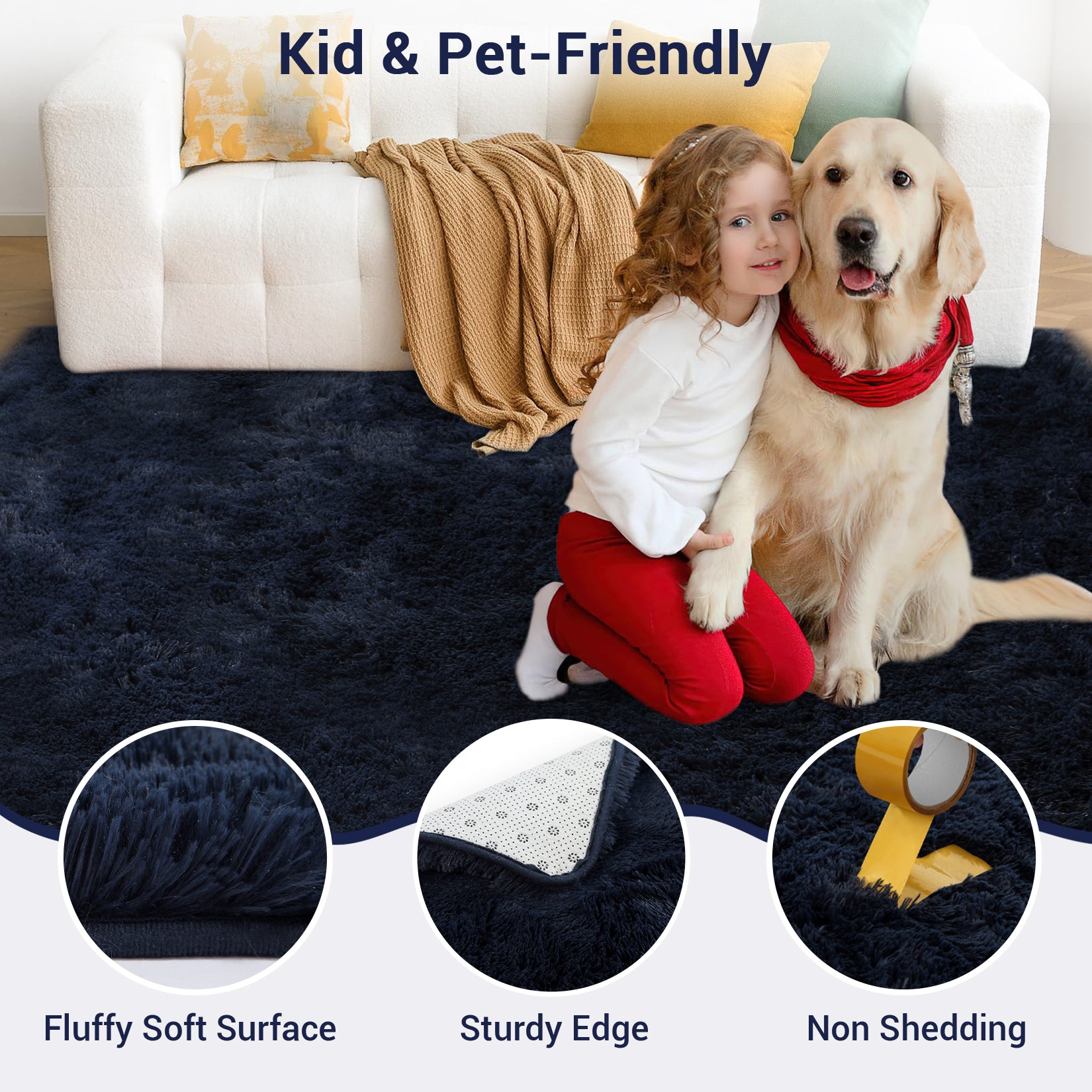 Garvee Fluffy & Sheepskin Pure Navy Blue 9x12 Shaggy Rug, Non-Shedding Soft Non-Slip Tie Dyed for Living Room Nursery