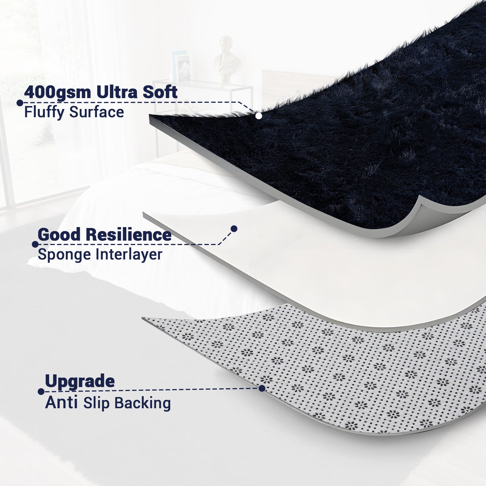 Garvee Fluffy & Sheepskin Pure Navy Blue 9x12 Shaggy Rug, Non-Shedding Soft Non-Slip Tie Dyed for Living Room Nursery
