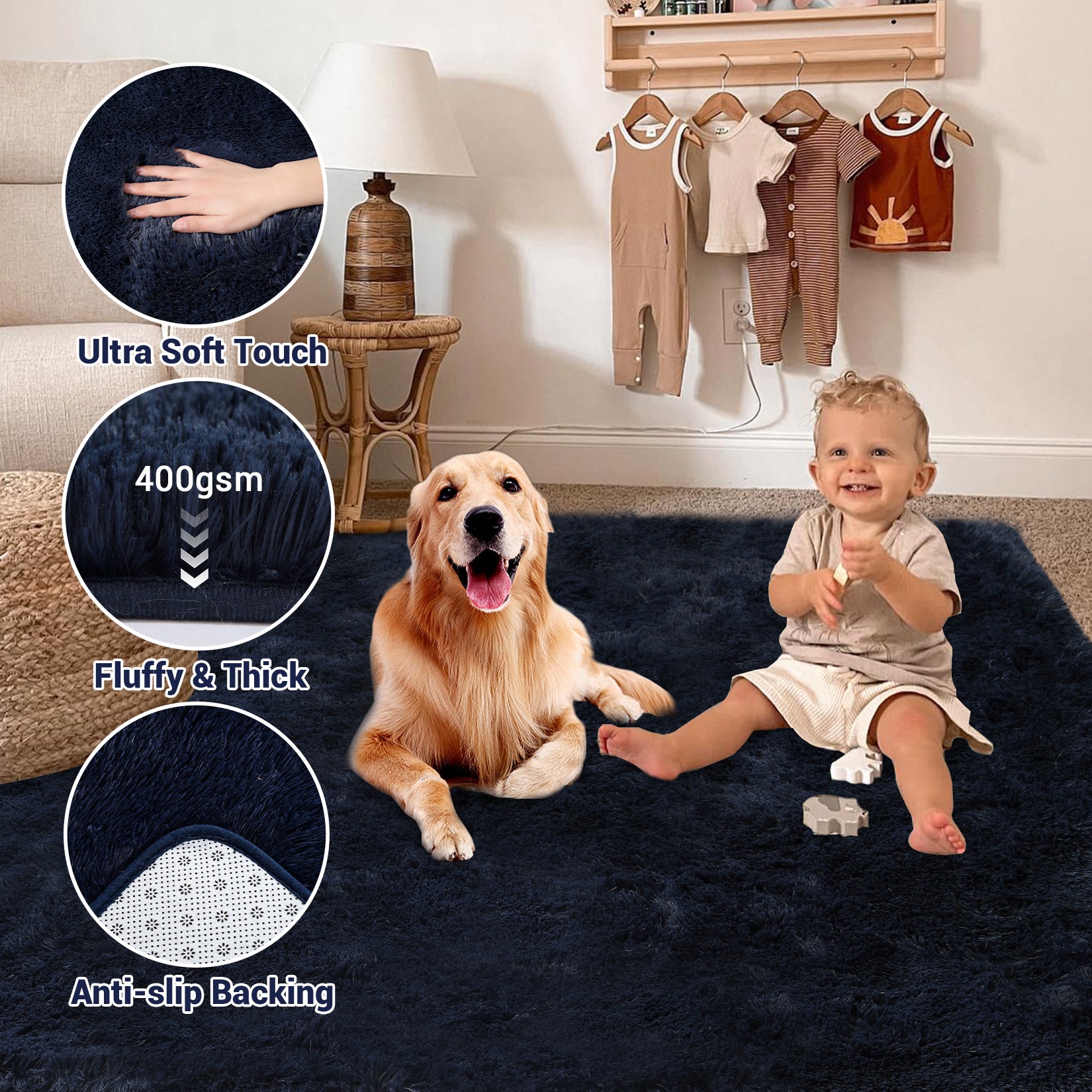 Garvee Fluffy & Sheepskin Pure Navy Blue 2x6 Faux Fur Rug, Non-Shedding Anti-Slip Plush for Kids Playroom Classroom Dining