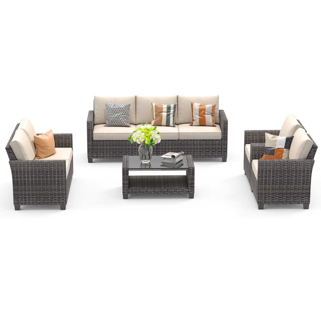 Garvee 5pc Outdoor Rattan Patio Furniture Set - Sectional 3-Seat Sofa, 2-Seat Sofa, 2 Single Sofas & Table - All-Weather Conversation Set for Balcony & Backyard