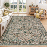 Garvee Neutral Area Rugs 5x7 Washable, Soft Vintage Large Bedroom Rugs, Boho Farmhouse Low Pile Non-Slip Indoor Throw Carpet Rugs for Living Room Dining Room (Beige/Blue, 5'x7') - Beige/Blue