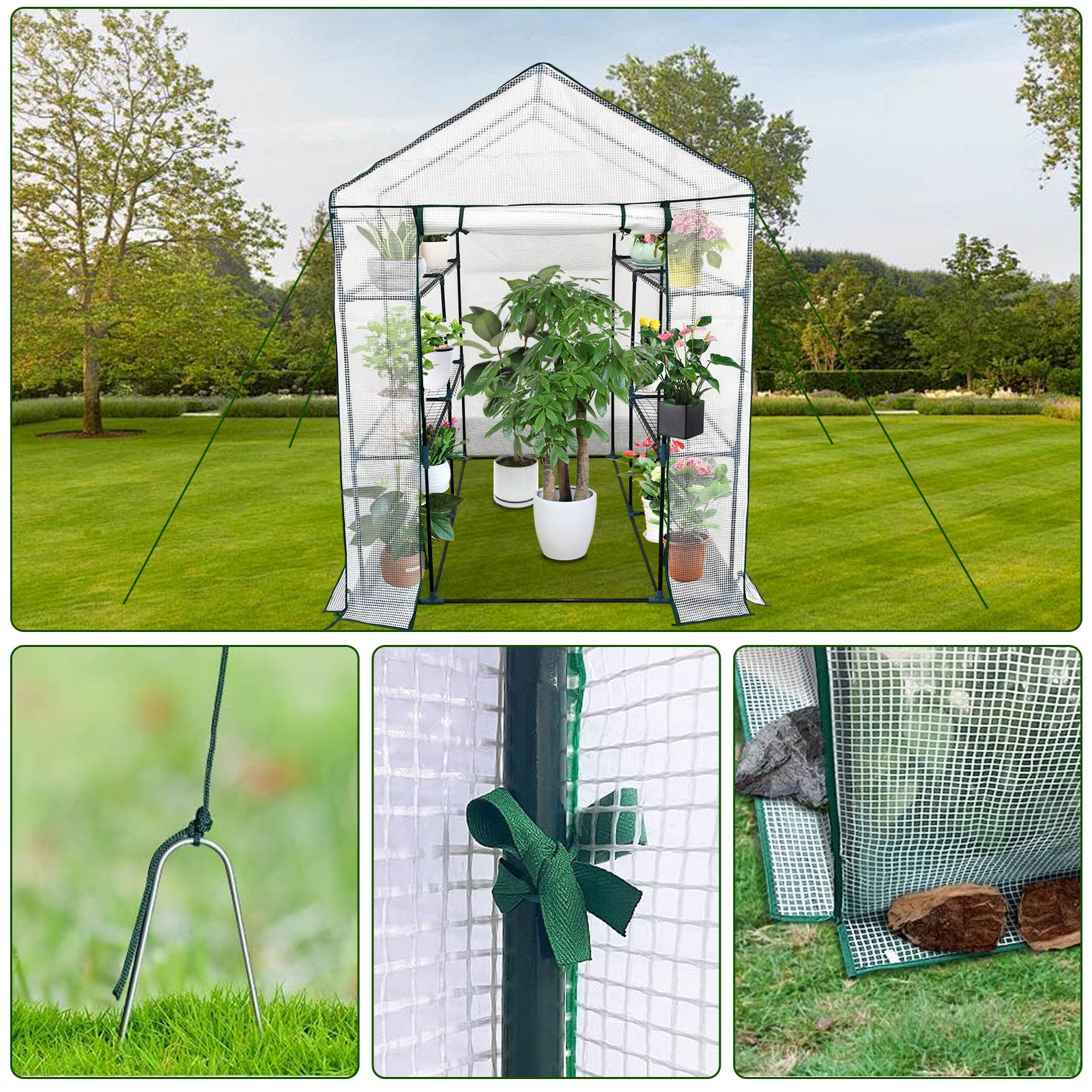 Garvee Spacious Walk-In Greenhouse for Outdoor Gardening – 6 Shelves, Sturdy Steel Frame, Roll-Up Zippered Door, Anchors & Ropes, Portable Plant House – Ideal for Patio, Backyard, Garden – White, 143×143×195cm