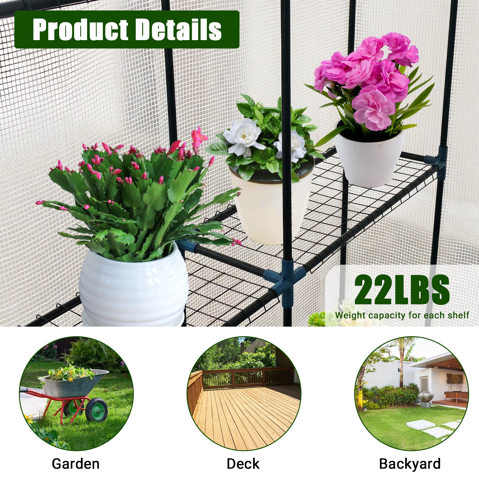 Garvee Spacious Walk-In Greenhouse for Outdoor Gardening – 6 Shelves, Sturdy Steel Frame, Roll-Up Zippered Door, Anchors & Ropes, Portable Plant House – Ideal for Patio, Backyard, Garden – White, 143×143×195cm