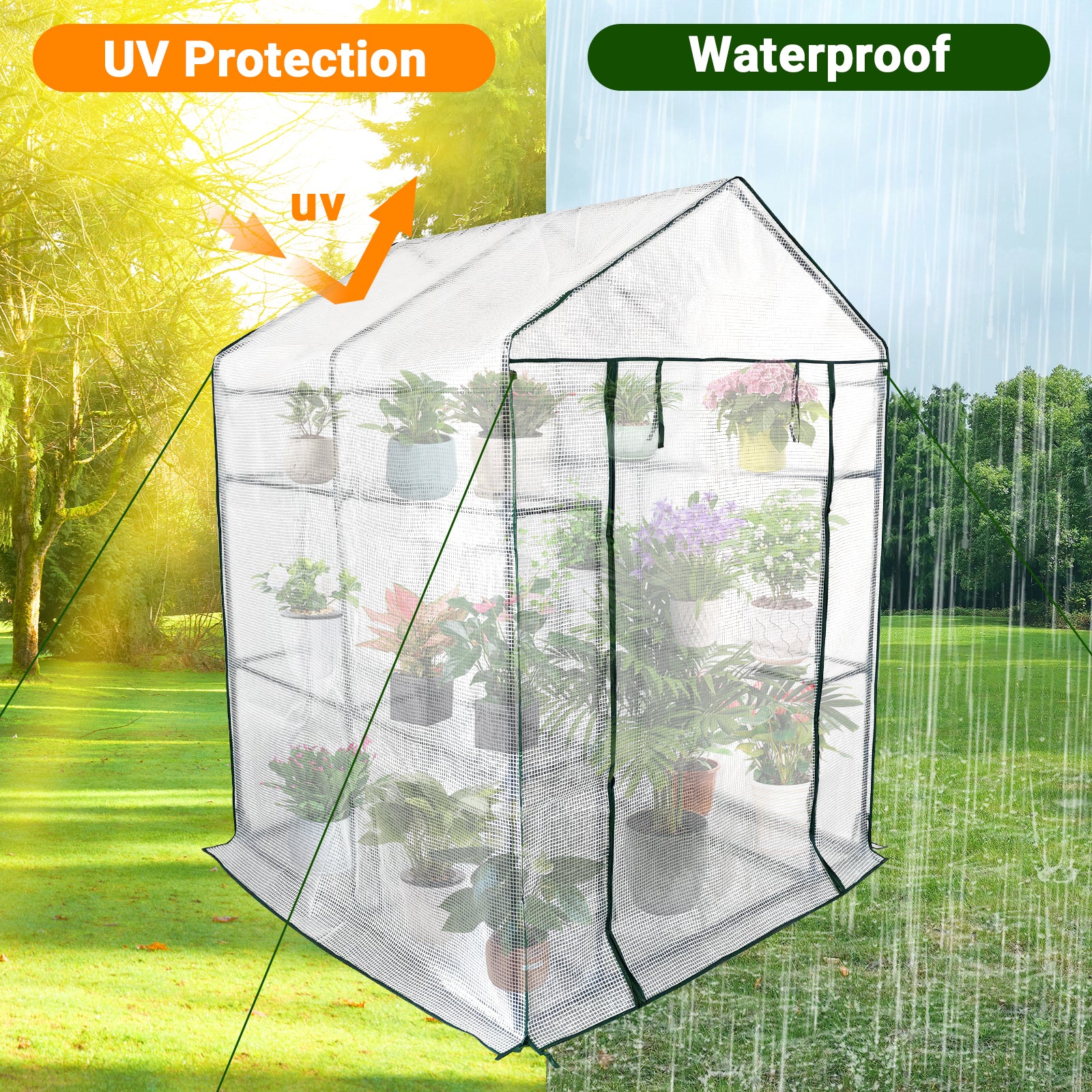 Garvee Spacious Walk-In Greenhouse for Outdoor Gardening – 6 Shelves, Sturdy Steel Frame, Roll-Up Zippered Door, Anchors & Ropes, Portable Plant House – Ideal for Patio, Backyard, Garden – White, 143×143×195cm