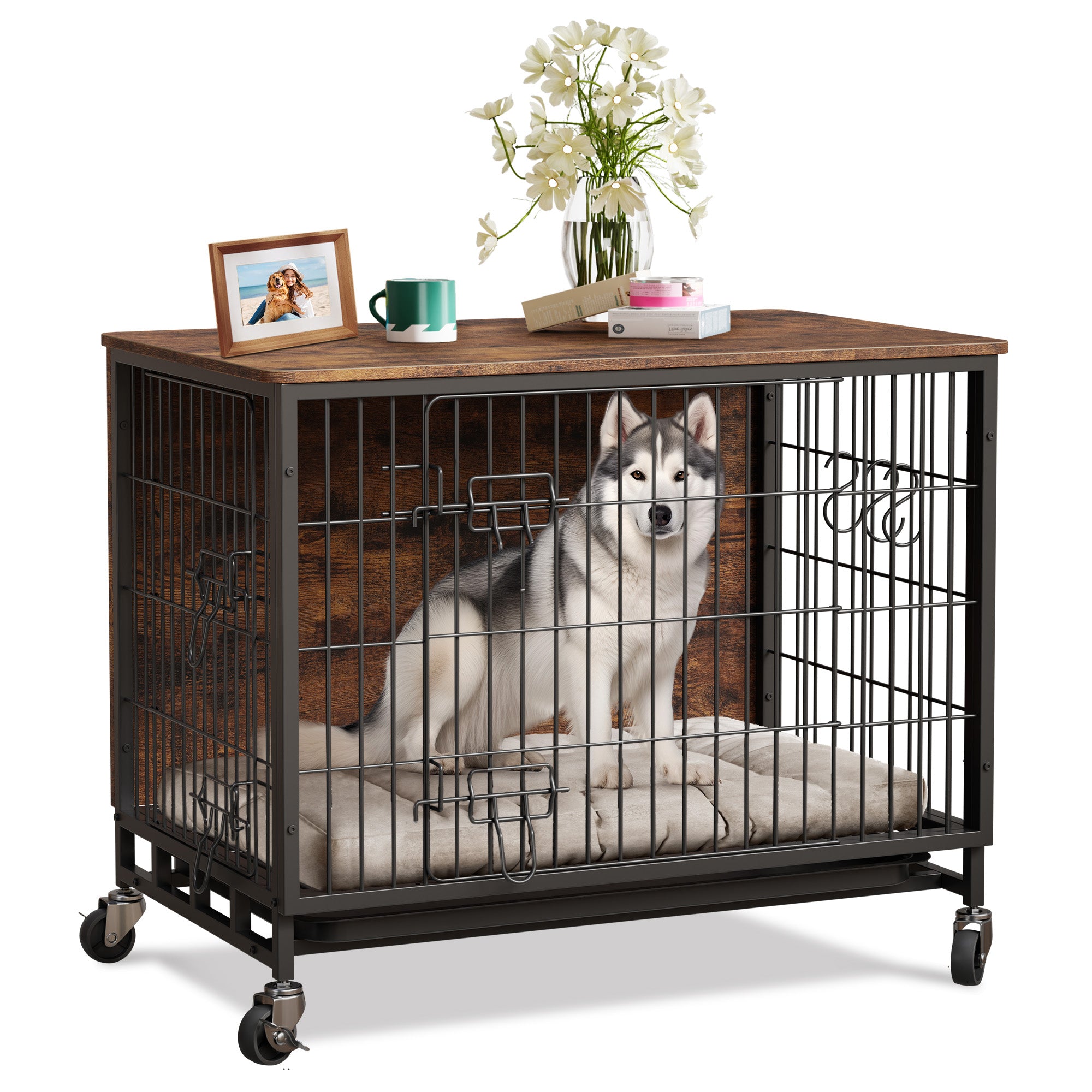 Garvee Dog Crate Furniture, Double Doors Wooden Dog Kennel Cage, 32.5" Indoor Dog Crate with Pull-Out Tray & Removable Wheels, Decorative End Table Pet House Chew-Resistant for Medium Dog, Brown