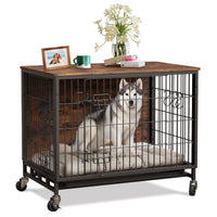 Garvee Dog Crate Furniture, Double Doors Wooden Dog Kennel Cage, 32.5" Indoor Dog Crate with Pull-Out Tray & Removable Wheels, Decorative End Table Pet House Chew-Resistant for Medium Dog, Brown